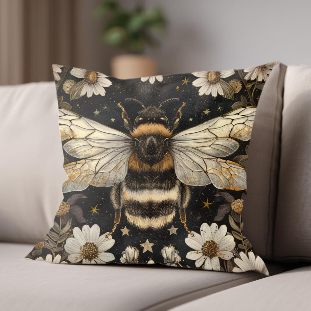 Golden Bee Pillow, Vintage Garden Cushion, Bumblebee Floral Throw Pillow, Nature-Inspired Gold Botanical Pillowcase, Cottagecore Decor