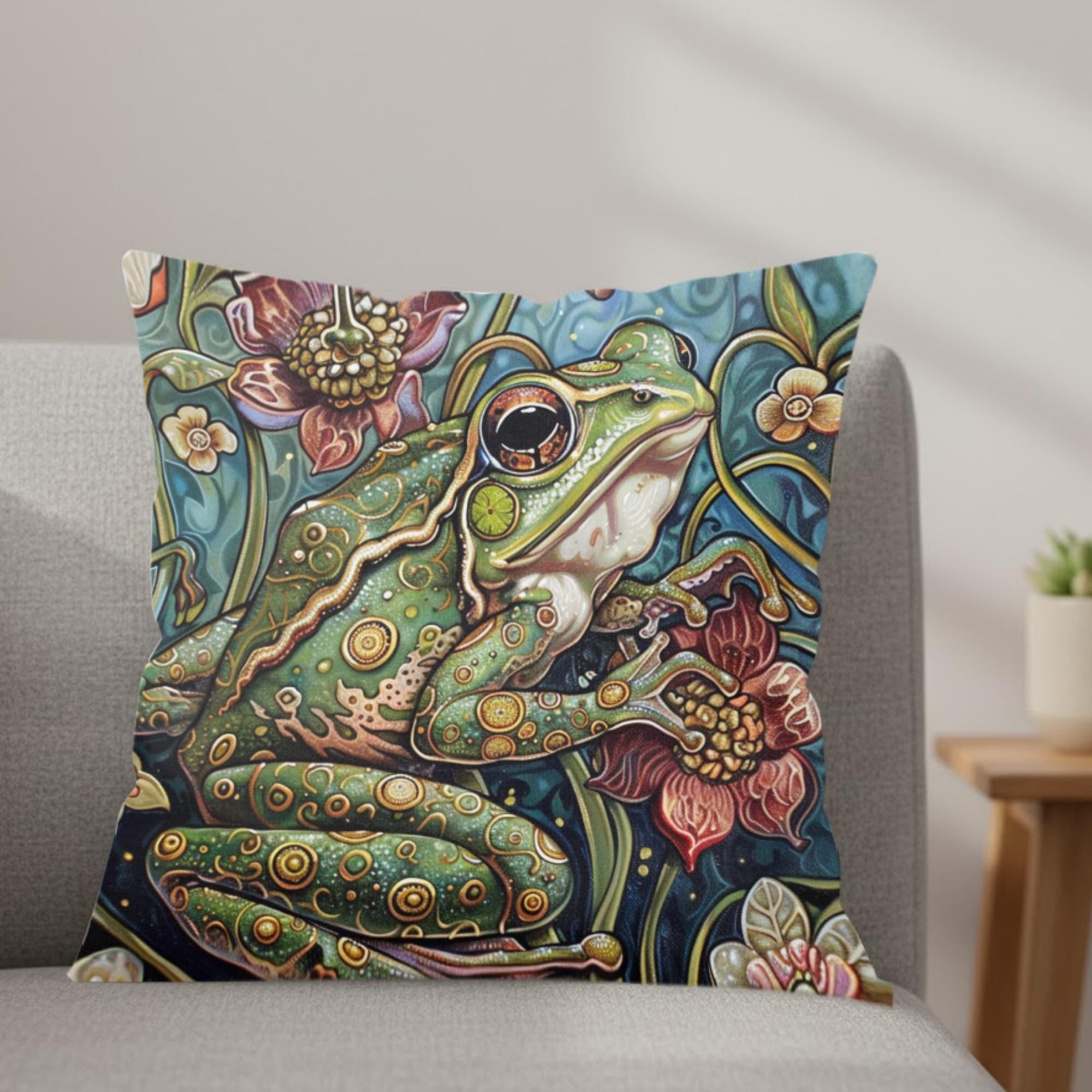 Whimsical Frog Pillow, Botanical Garden Cushion, Forest Nature Inspired Throw Pillow, William Morris Frog Pillowcase, Animal Couch Accent