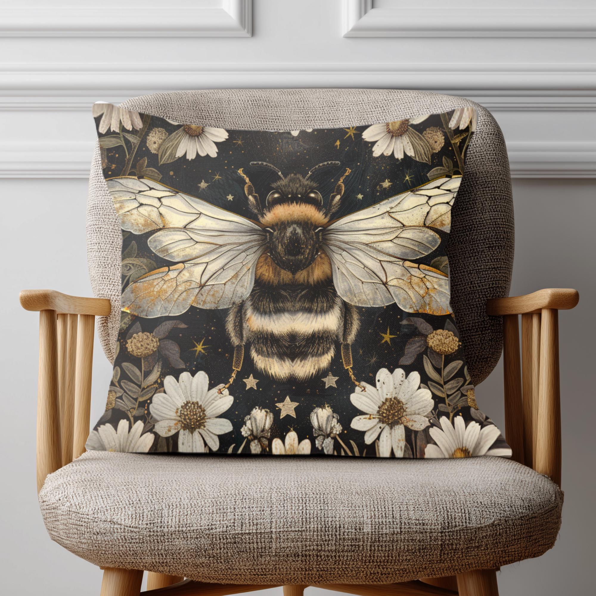 Golden Bee Pillow, Vintage Garden Cushion, Bumblebee Floral Throw Pillow, Nature-Inspired Gold Botanical Pillowcase, Cottagecore Decor