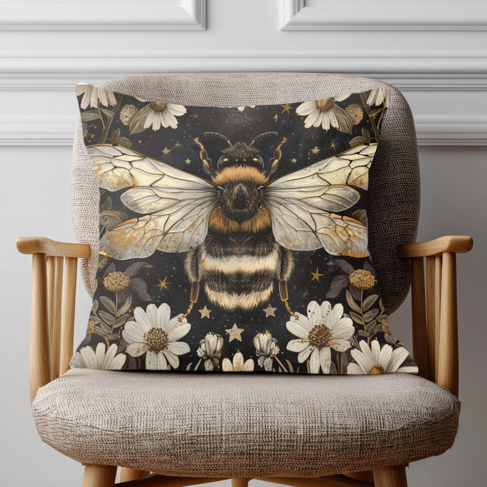 Golden Bee Pillow, Vintage Garden Cushion, Bumblebee Floral Throw Pillow, Nature-Inspired Gold Botanical Pillowcase, Cottagecore Decor