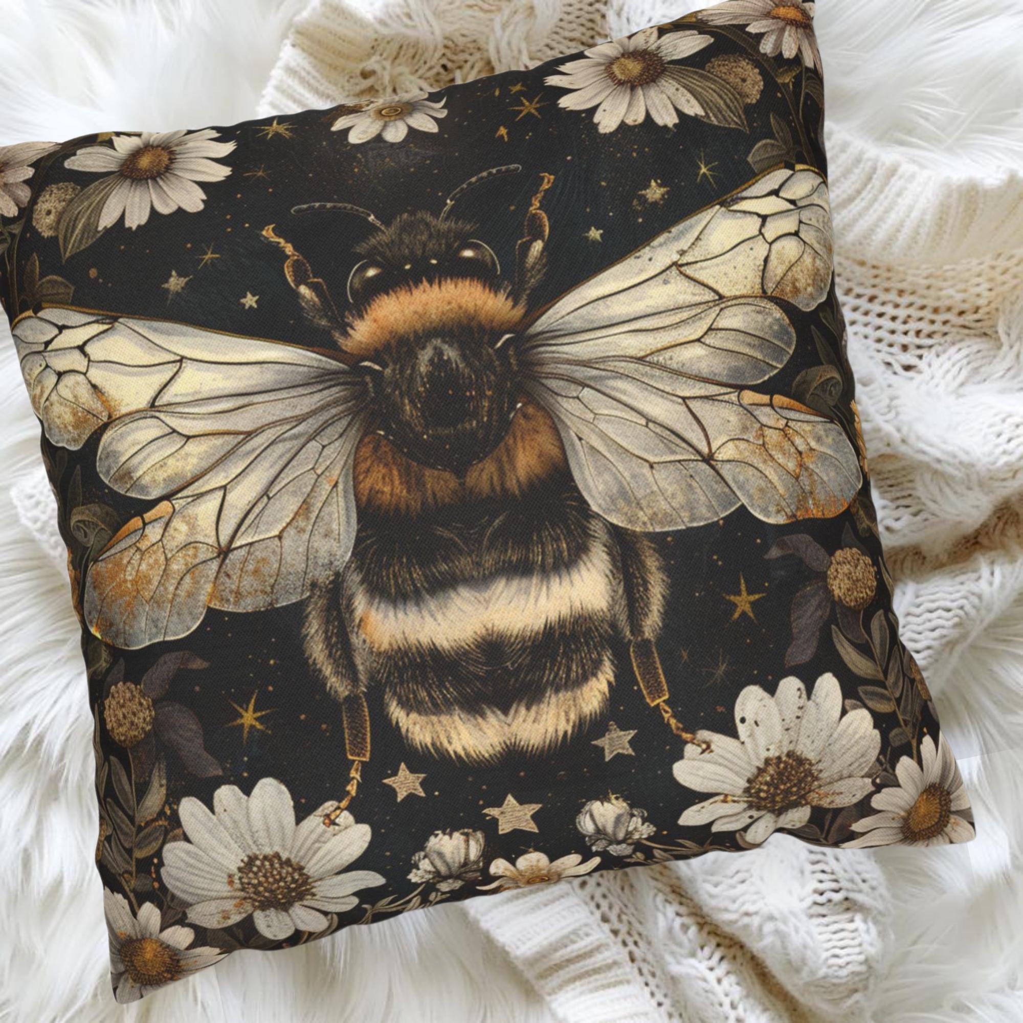 Golden Bee Pillow, Vintage Garden Cushion, Bumblebee Floral Throw Pillow, Nature-Inspired Gold Botanical Pillowcase, Cottagecore Decor
