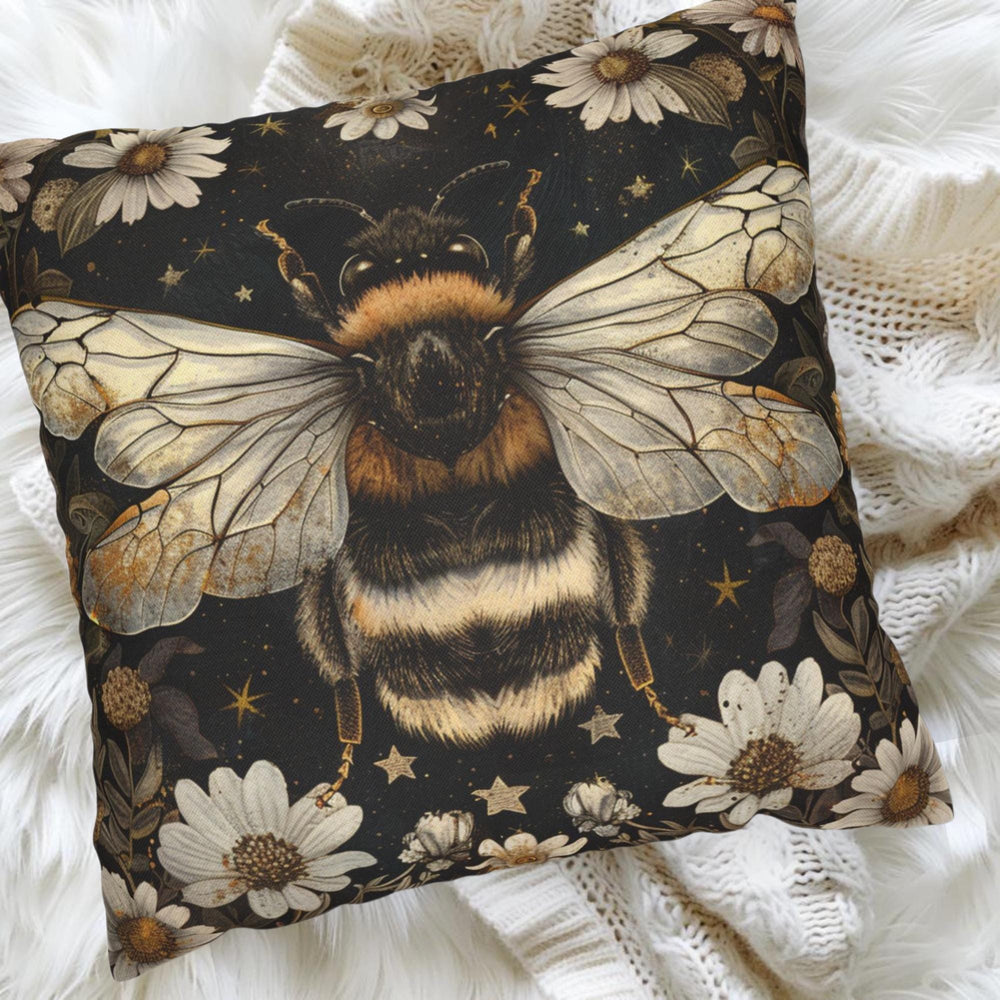 Golden Bee Pillow, Vintage Garden Cushion, Bumblebee Floral Throw Pillow, Nature-Inspired Gold Botanical Pillowcase, Cottagecore Decor