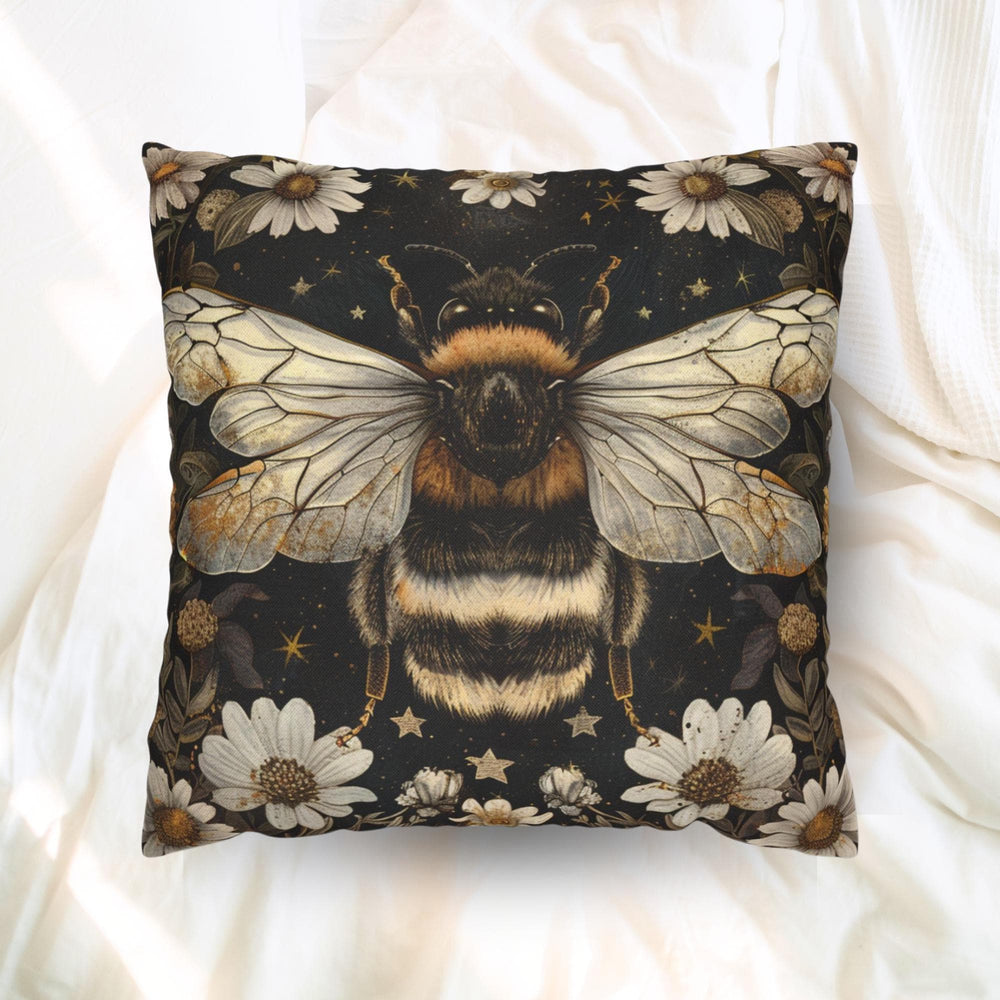 Golden Bee Pillow, Vintage Garden Cushion, Bumblebee Floral Throw Pillow, Nature-Inspired Gold Botanical Pillowcase, Cottagecore Decor