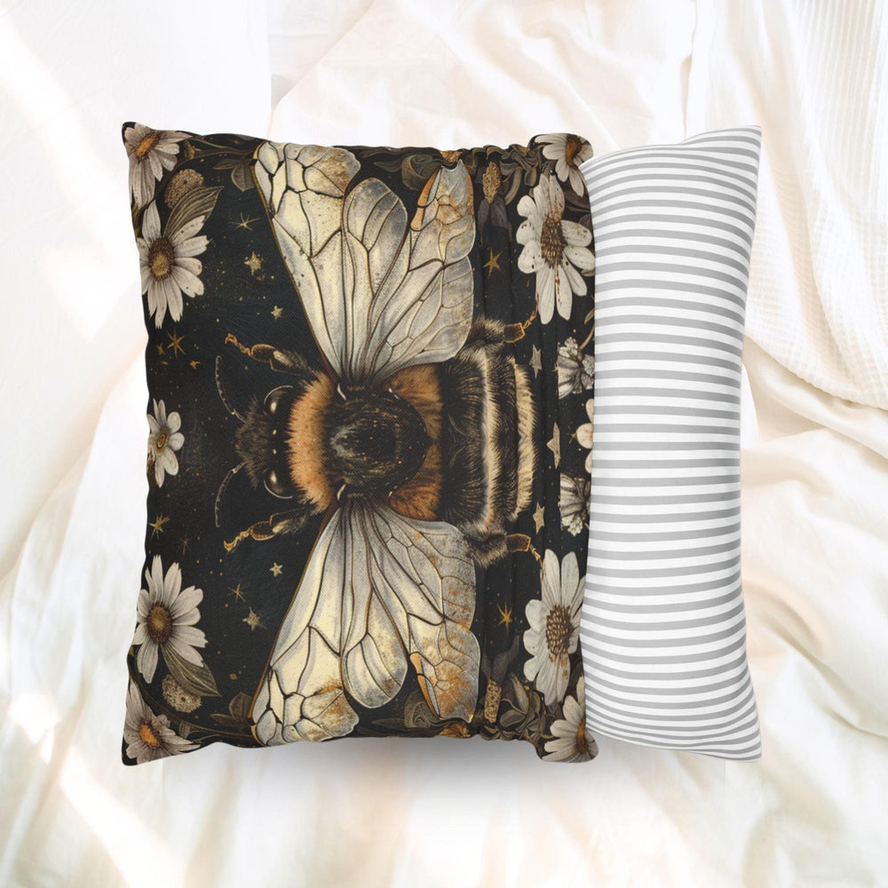 Golden Bee Pillow, Vintage Garden Cushion, Bumblebee Floral Throw Pillow, Nature-Inspired Gold Botanical Pillowcase, Cottagecore Decor