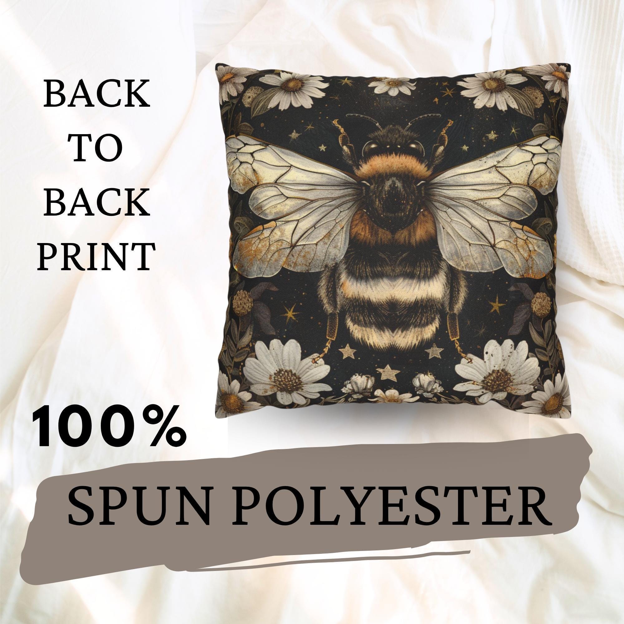 Golden Bee Pillow, Vintage Garden Cushion, Bumblebee Floral Throw Pillow, Nature-Inspired Gold Botanical Pillowcase, Cottagecore Decor