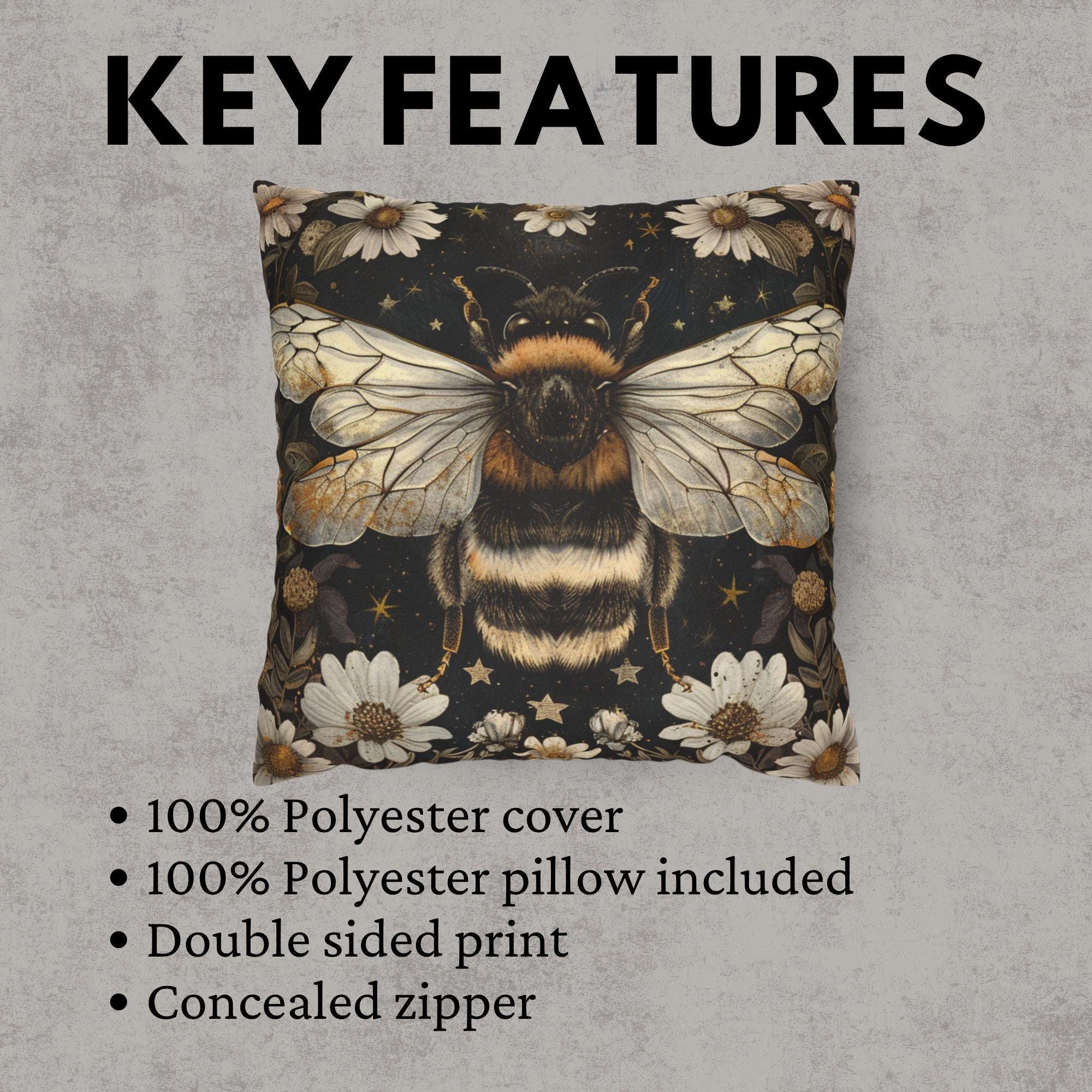 Golden Bee Pillow, Vintage Garden Cushion, Bumblebee Floral Throw Pillow, Nature-Inspired Gold Botanical Pillowcase, Cottagecore Decor