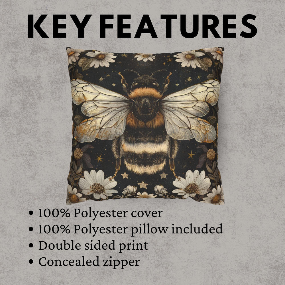 Golden Bee Pillow, Vintage Garden Cushion, Bumblebee Floral Throw Pillow, Nature-Inspired Gold Botanical Pillowcase, Cottagecore Decor