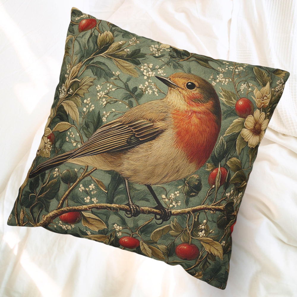 Vintage Robin Floral Pillow Cover, Victorian Bird Art Cushion, Cottagecore Home Decor, Rustic Botanical Throw Pillow, Nature Inspired Accent