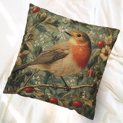 Vintage Robin Floral Pillow Cover, Victorian Bird Art Cushion, Cottagecore Home Decor, Rustic Botanical Throw Pillow, Nature Inspired Accent