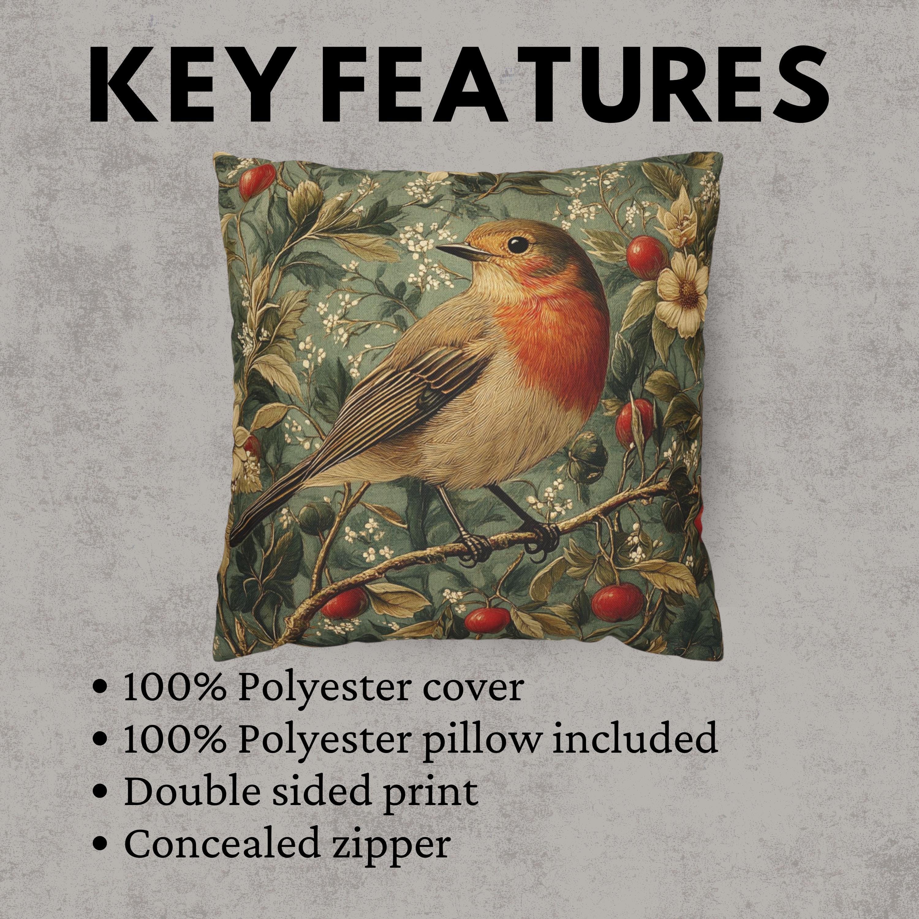 Vintage Robin Floral Pillow Cover, Victorian Bird Art Cushion, Cottagecore Home Decor, Rustic Botanical Throw Pillow, Nature Inspired Accent