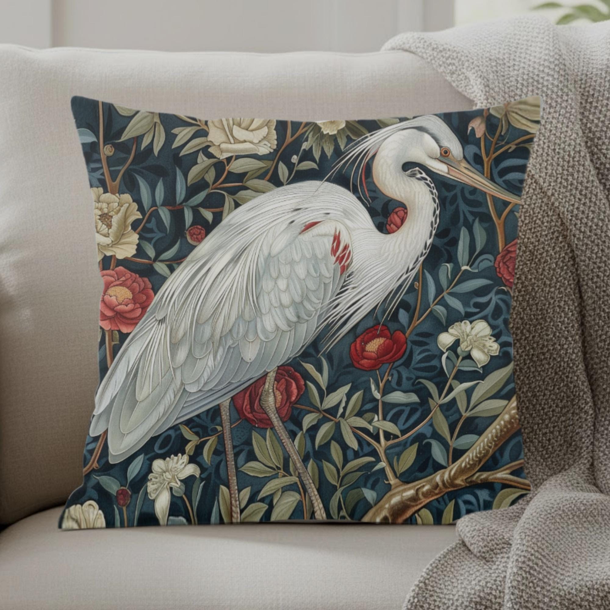 White Egret Floral Pillow, William Morris Bird Cushion, Vintage Botanical Throw Pillow, Nature Home Accent, Elegant Garden Pillowcase Gift