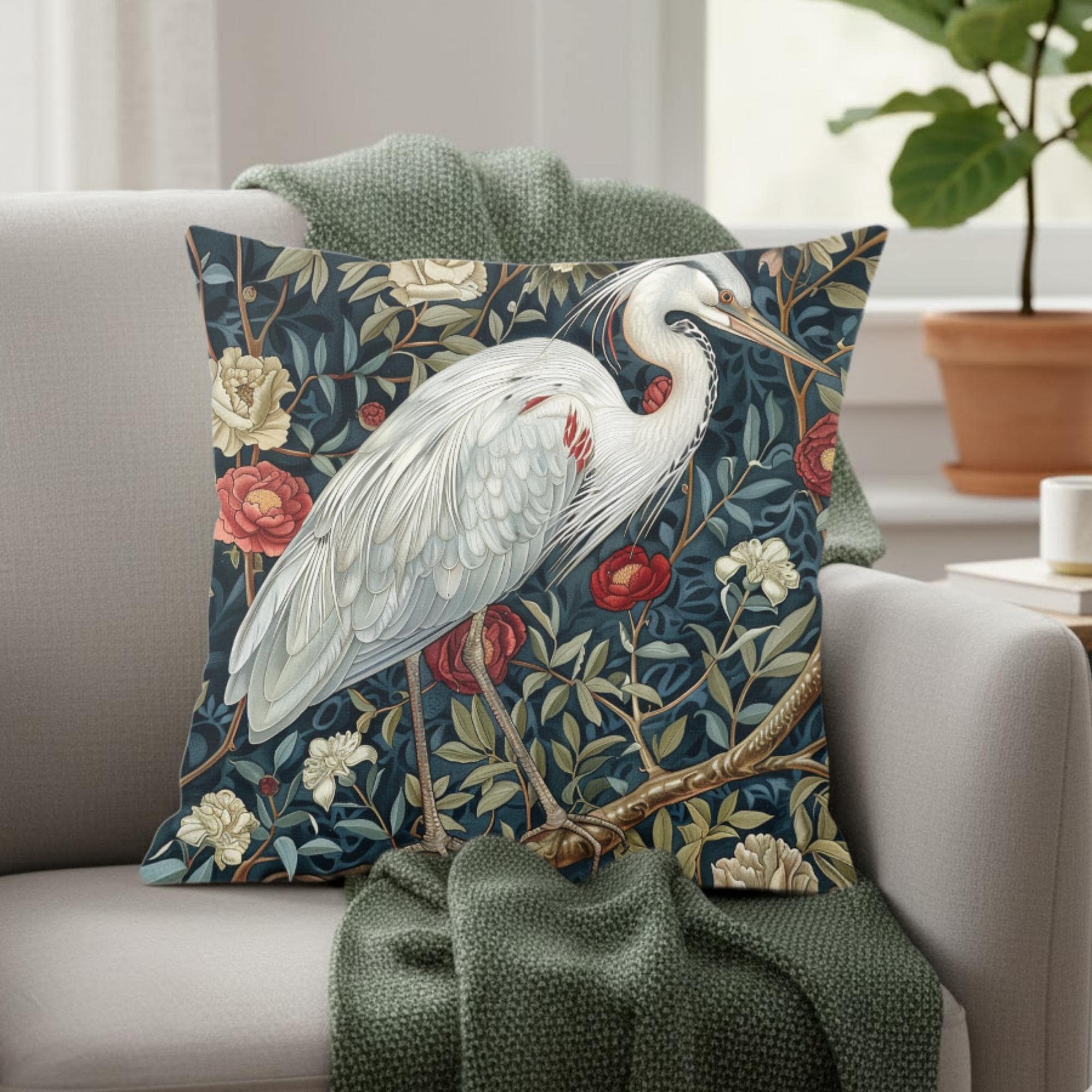 White Egret Floral Pillow, William Morris Bird Cushion, Vintage Botanical Throw Pillow, Nature Home Accent, Elegant Garden Pillowcase Gift