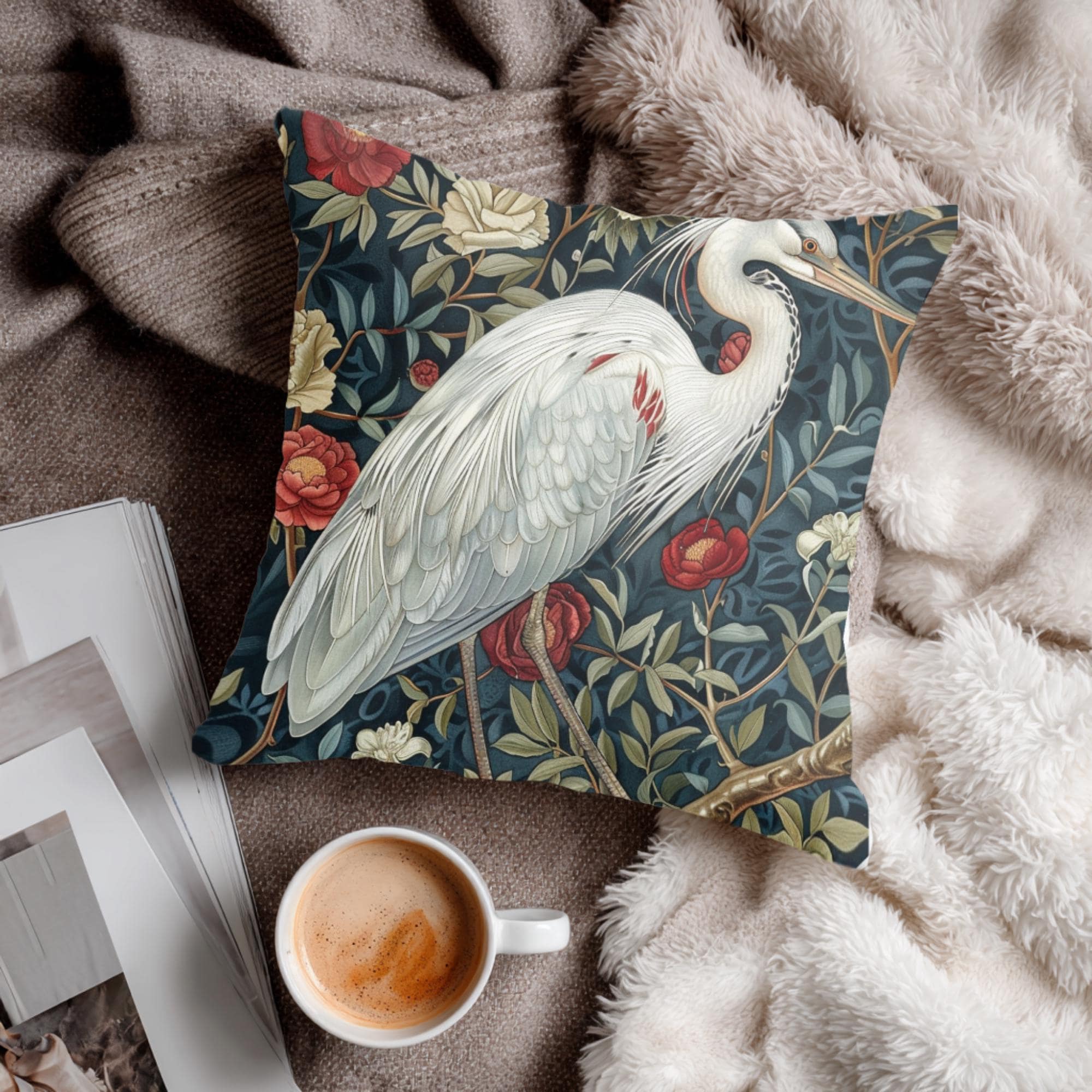 White Egret Floral Pillow, William Morris Bird Cushion, Vintage Botanical Throw Pillow, Nature Home Accent, Elegant Garden Pillowcase Gift