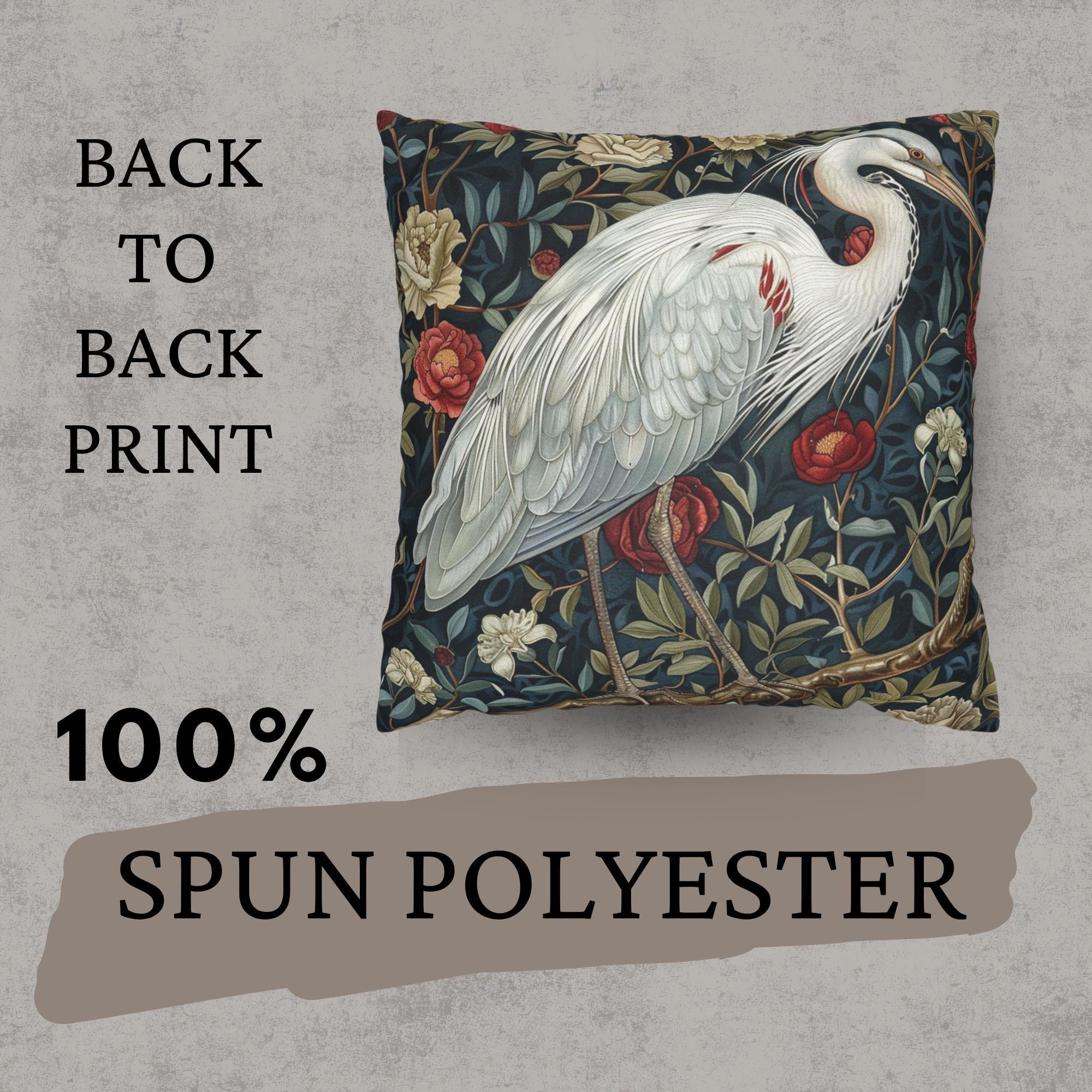 White Egret Floral Pillow, William Morris Bird Cushion, Vintage Botanical Throw Pillow, Nature Home Accent, Elegant Garden Pillowcase Gift