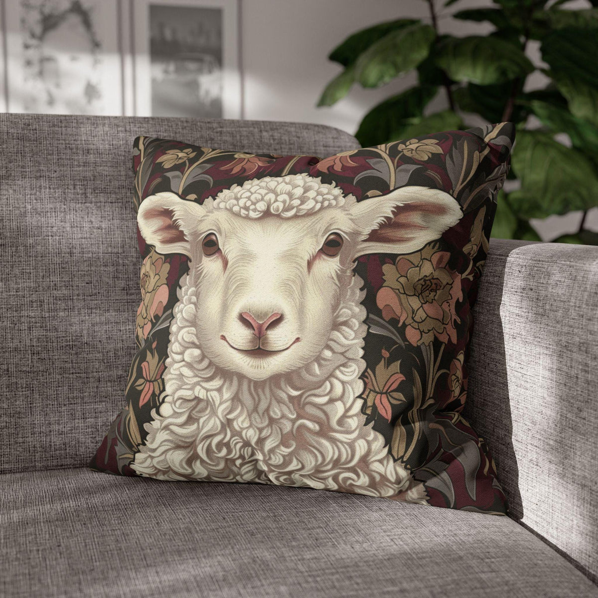 Lamb William Morris Inspired Pillow Case, Victorian Style Throw Pillow, Square Pillowcase Rustic Farmhouse Decor, Lamb Throw Pillow Cover