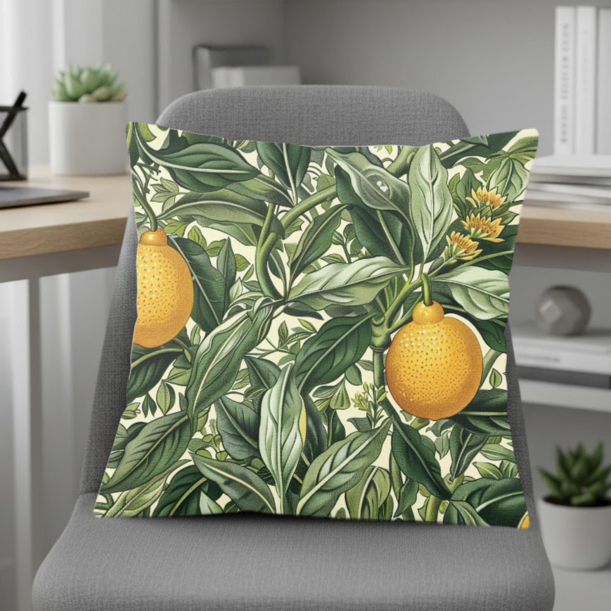 Lemon Grove Pillow, Vintage Botanical Citrus Cushion, William Morris Inspired Throw Pillow, Kitchen Garden Accent, Green Leaf Pillowcase