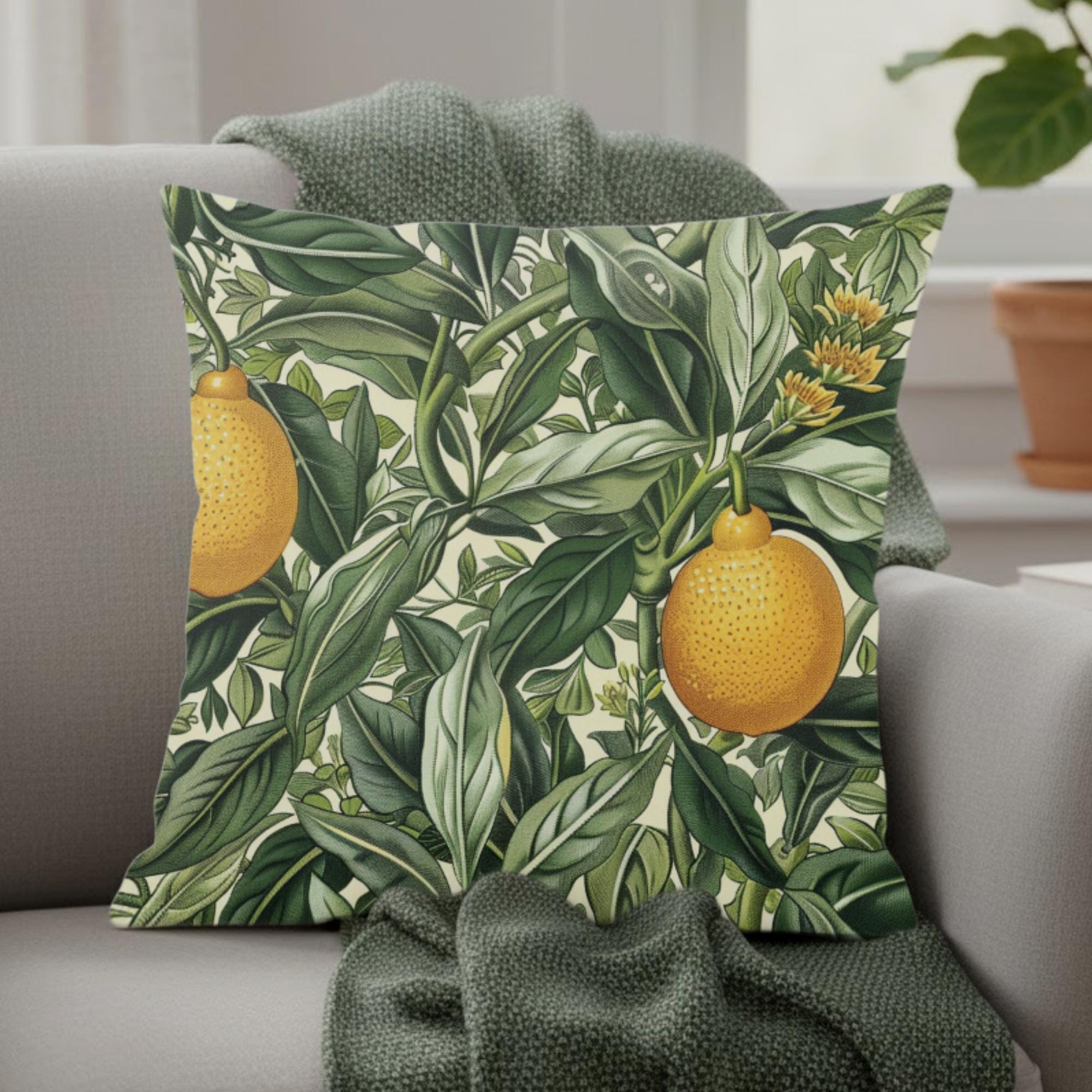 Lemon Grove Pillow, Vintage Botanical Citrus Cushion, William Morris Inspired Throw Pillow, Kitchen Garden Accent, Green Leaf Pillowcase