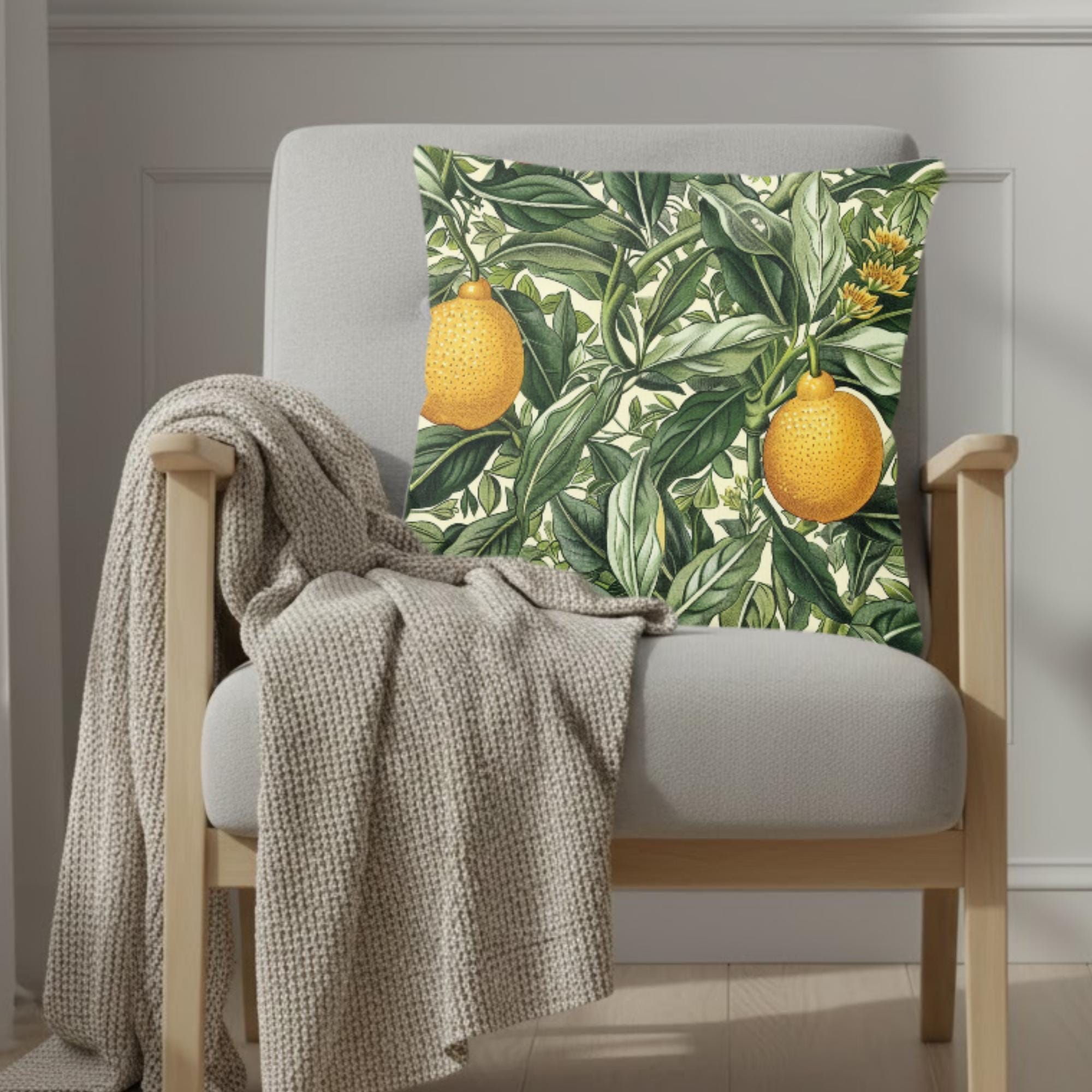 Lemon Grove Pillow, Vintage Botanical Citrus Cushion, William Morris Inspired Throw Pillow, Kitchen Garden Accent, Green Leaf Pillowcase