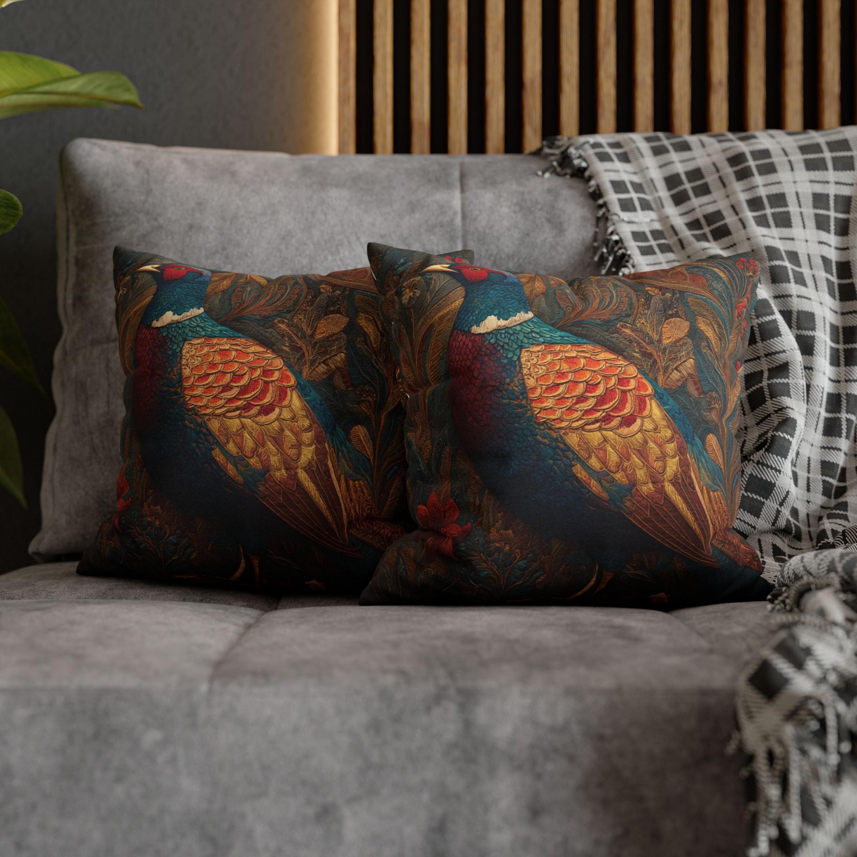 Batik Pheasant Pillow, Colorful Bird Cushion Cover, Ornate Folk Art Throw Pillow, Vibrant Animal Home Decor, Boho Wildlife Accent