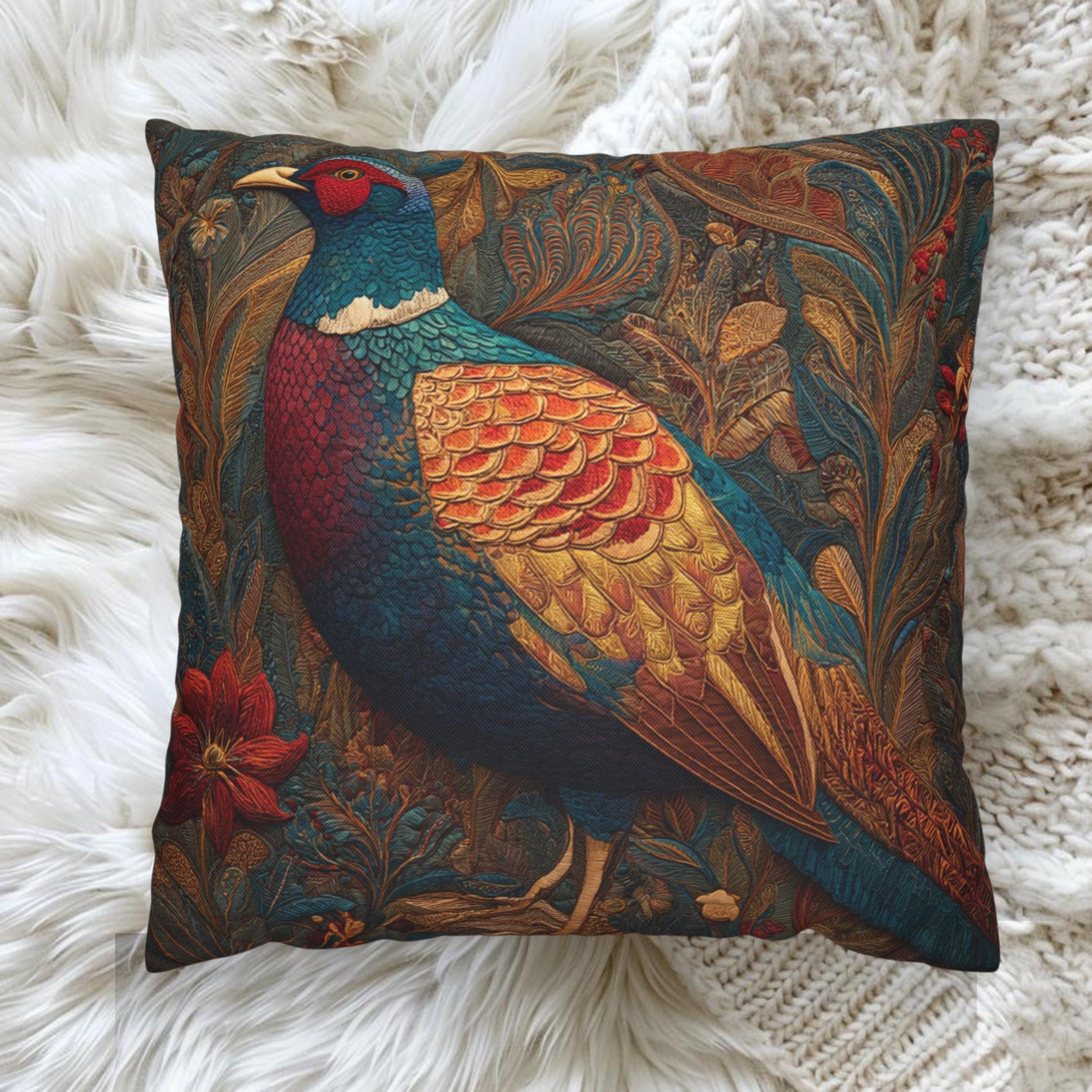 Batik Pheasant Pillow, Colorful Bird Cushion Cover, Ornate Folk Art Throw Pillow, Vibrant Animal Home Decor, Boho Wildlife Accent