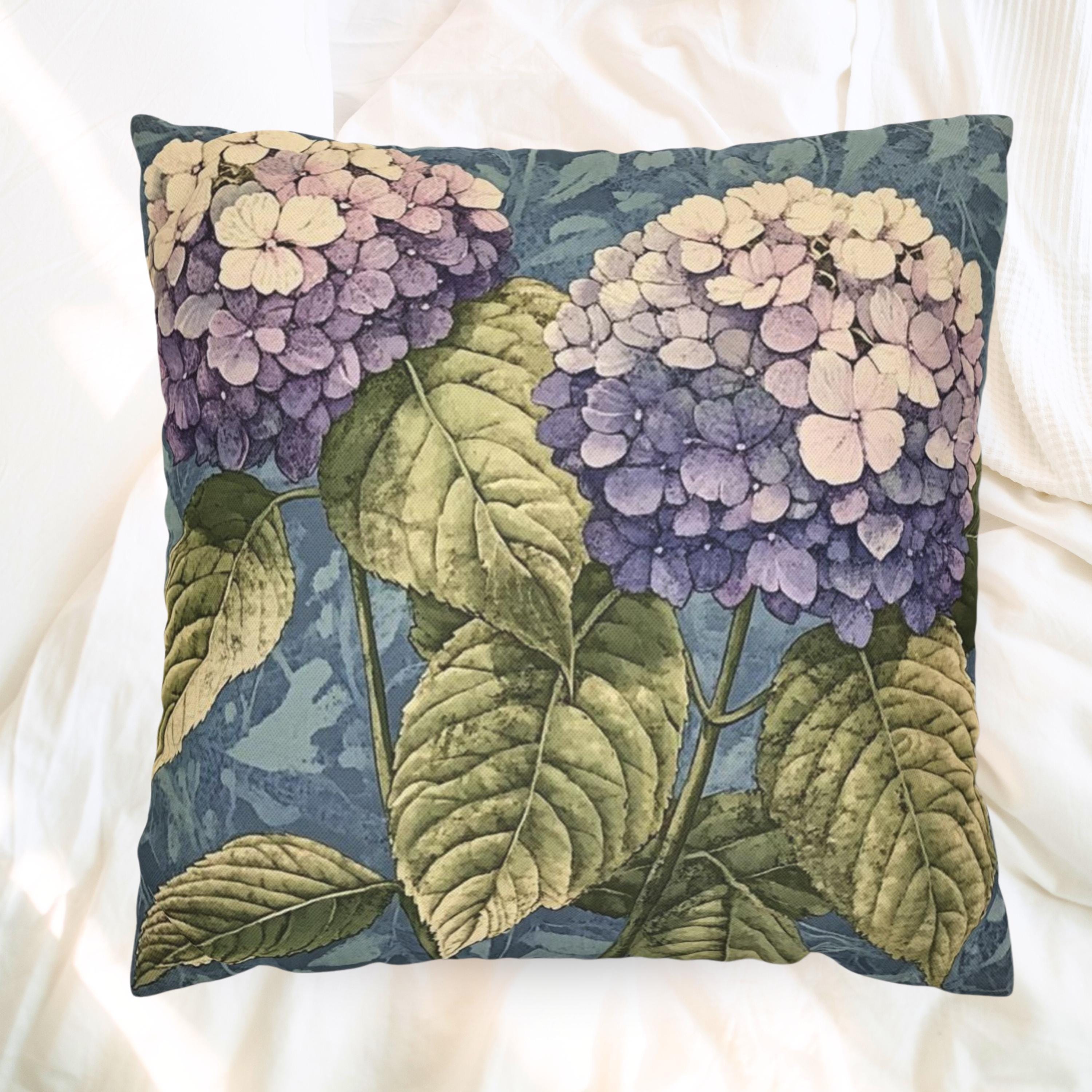 Purple Hydrangea Pillow, Vintage Garden Flower Cushion, Botanical Bloom Throw Pillow, Rustic Floral Nature Pillowcase, Cottagecore Decor