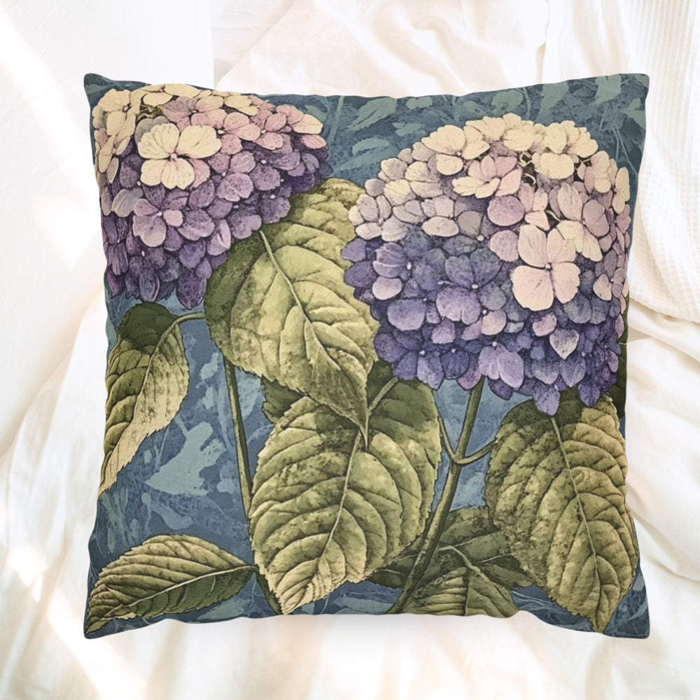 Purple Hydrangea Pillow, Vintage Garden Flower Cushion, Botanical Bloom Throw Pillow, Rustic Floral Nature Pillowcase, Cottagecore Decor