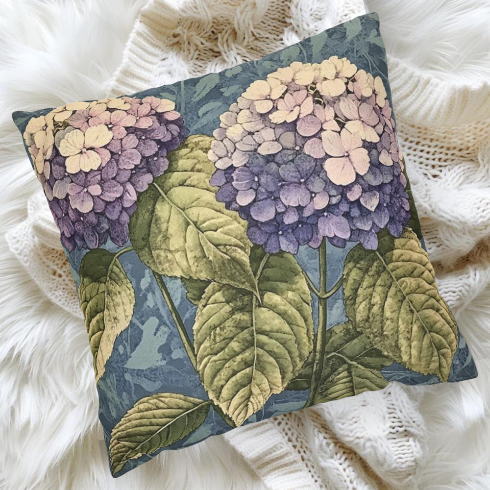 Purple Hydrangea Pillow, Vintage Garden Flower Cushion, Botanical Bloom Throw Pillow, Rustic Floral Nature Pillowcase, Cottagecore Decor