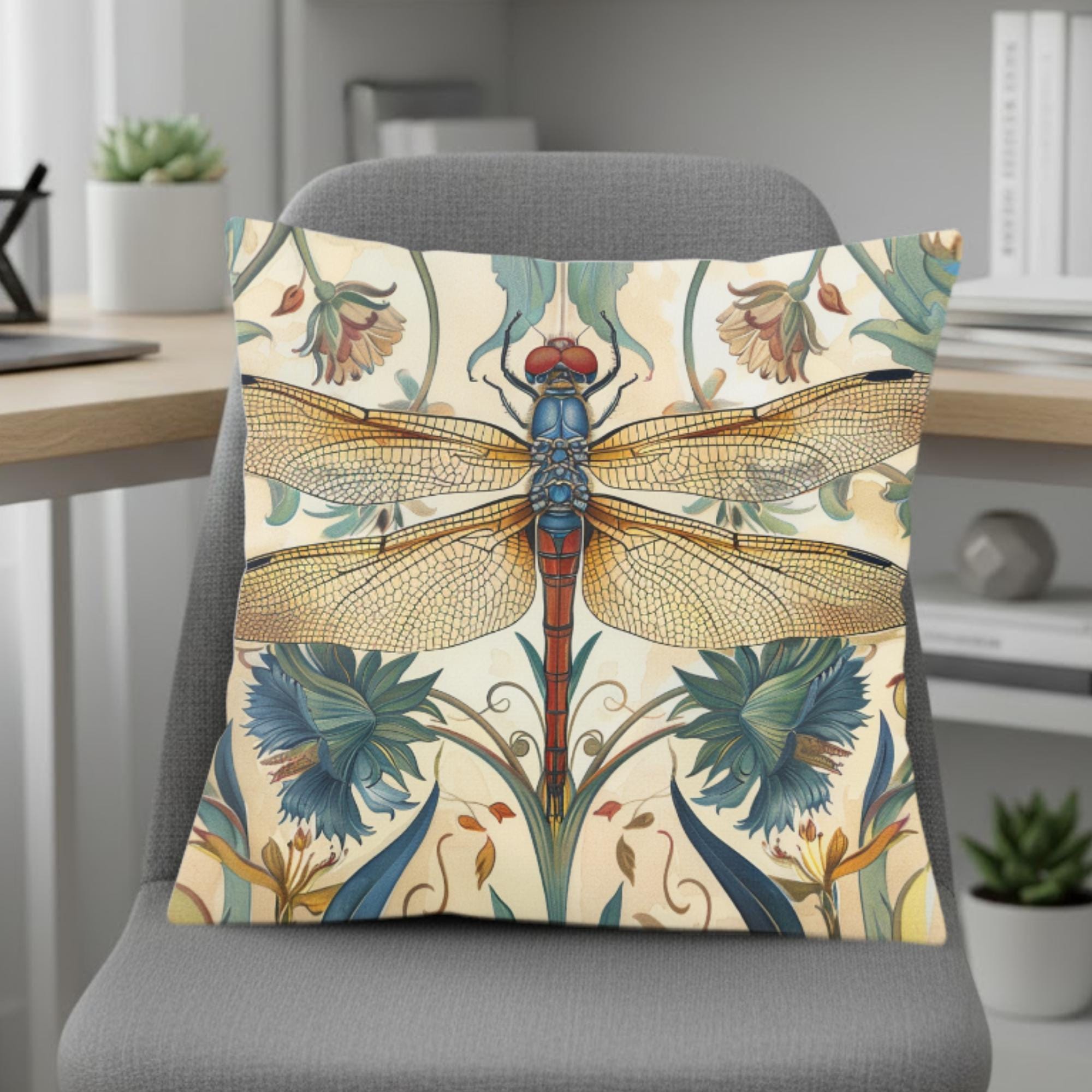 Dragonfly Pillow, Art Nouveau Botanical Cushion, William Morris Inspired Throw Pillow, Elegant Garden Couch Accent, Golden Insect Pillowcase