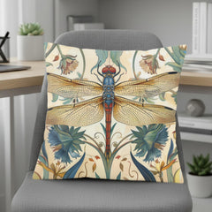 Dragonfly Pillow, Art Nouveau Botanical Cushion, William Morris Inspired Throw Pillow, Elegant Garden Couch Accent, Golden Insect Pillowcase