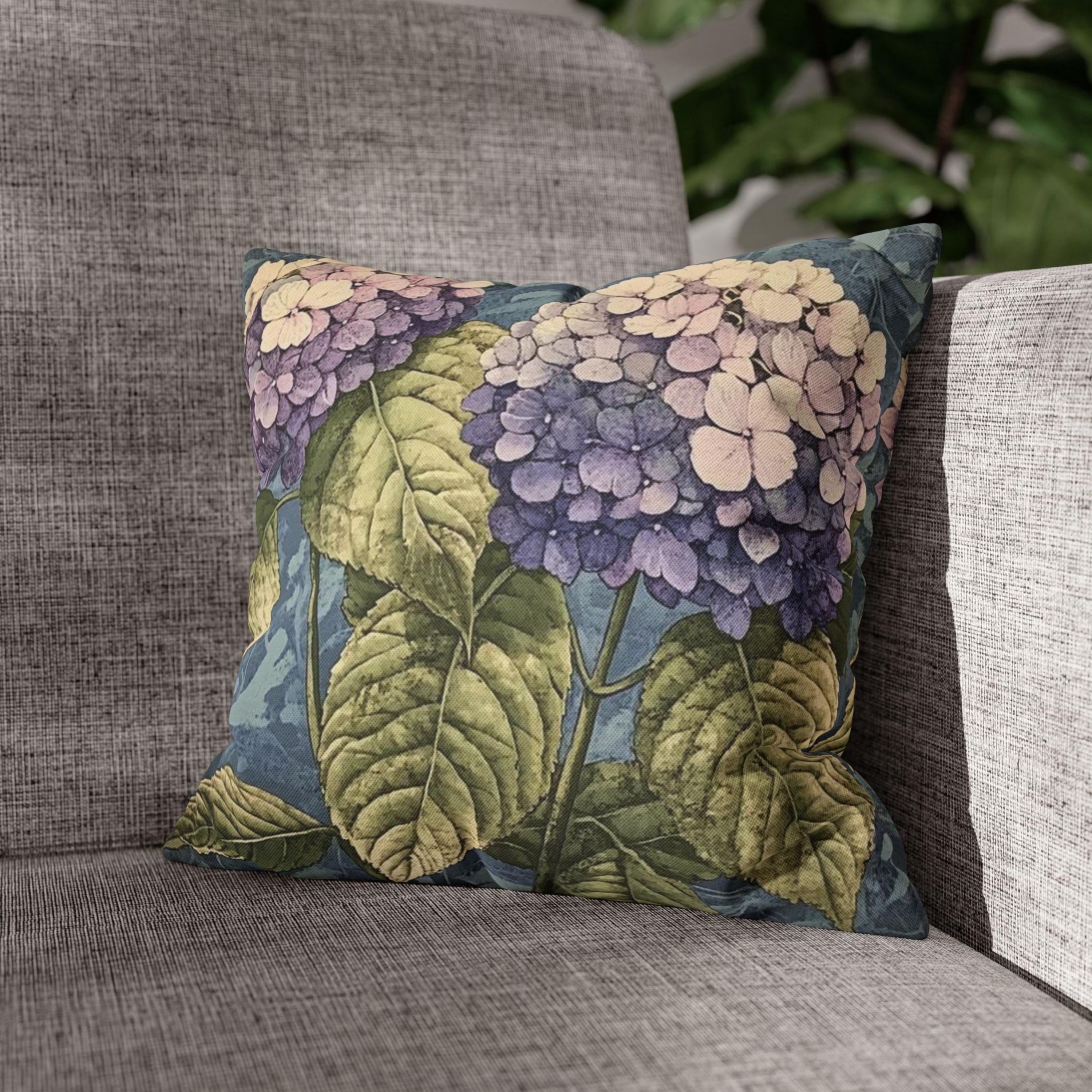 Purple Hydrangea Pillow, Vintage Garden Flower Cushion, Botanical Bloom Throw Pillow, Rustic Floral Nature Pillowcase, Cottagecore Decor