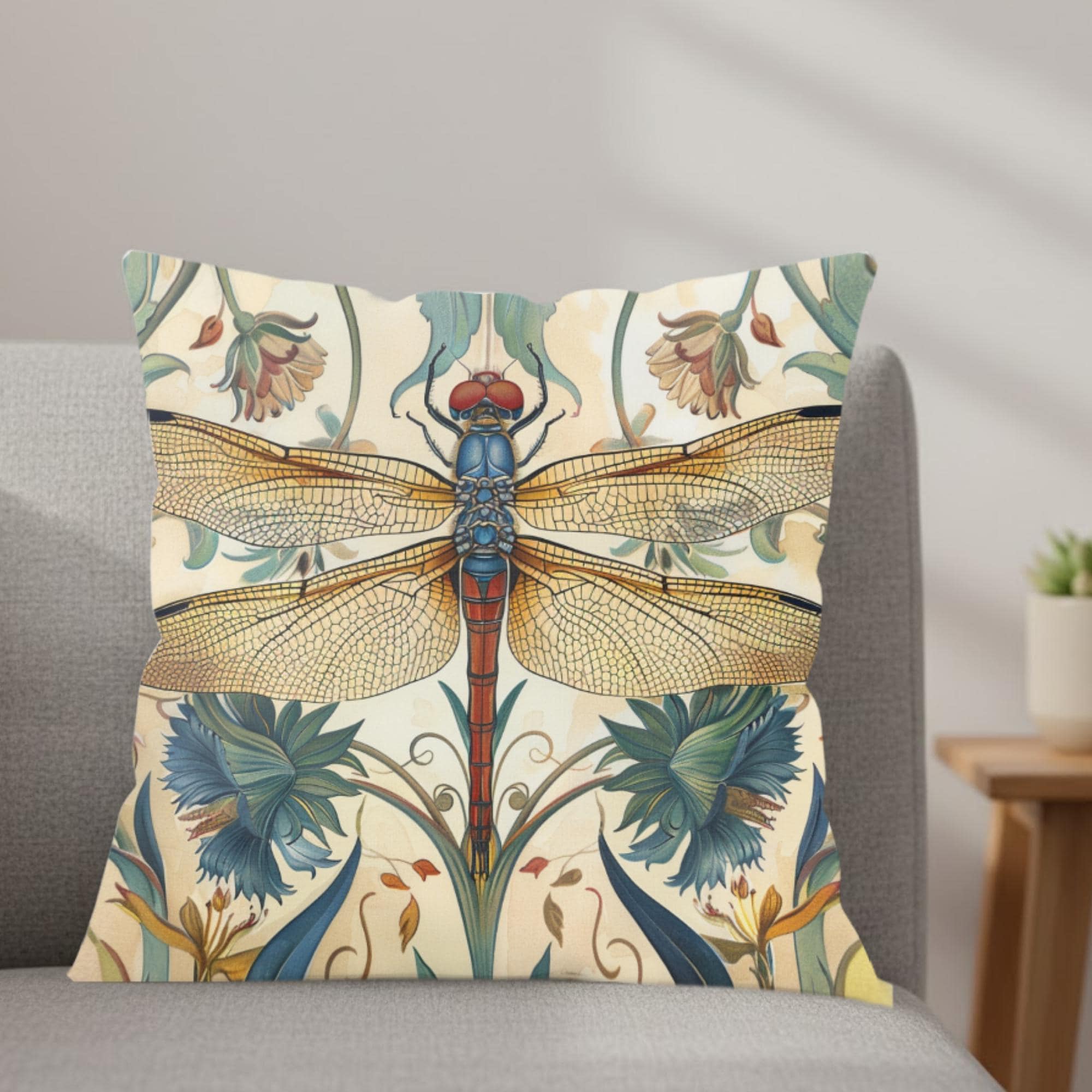 Dragonfly Pillow, Art Nouveau Botanical Cushion, William Morris Inspired Throw Pillow, Elegant Garden Couch Accent, Golden Insect Pillowcase
