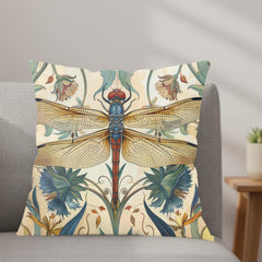 Dragonfly Pillow, Art Nouveau Botanical Cushion, William Morris Inspired Throw Pillow, Elegant Garden Couch Accent, Golden Insect Pillowcase
