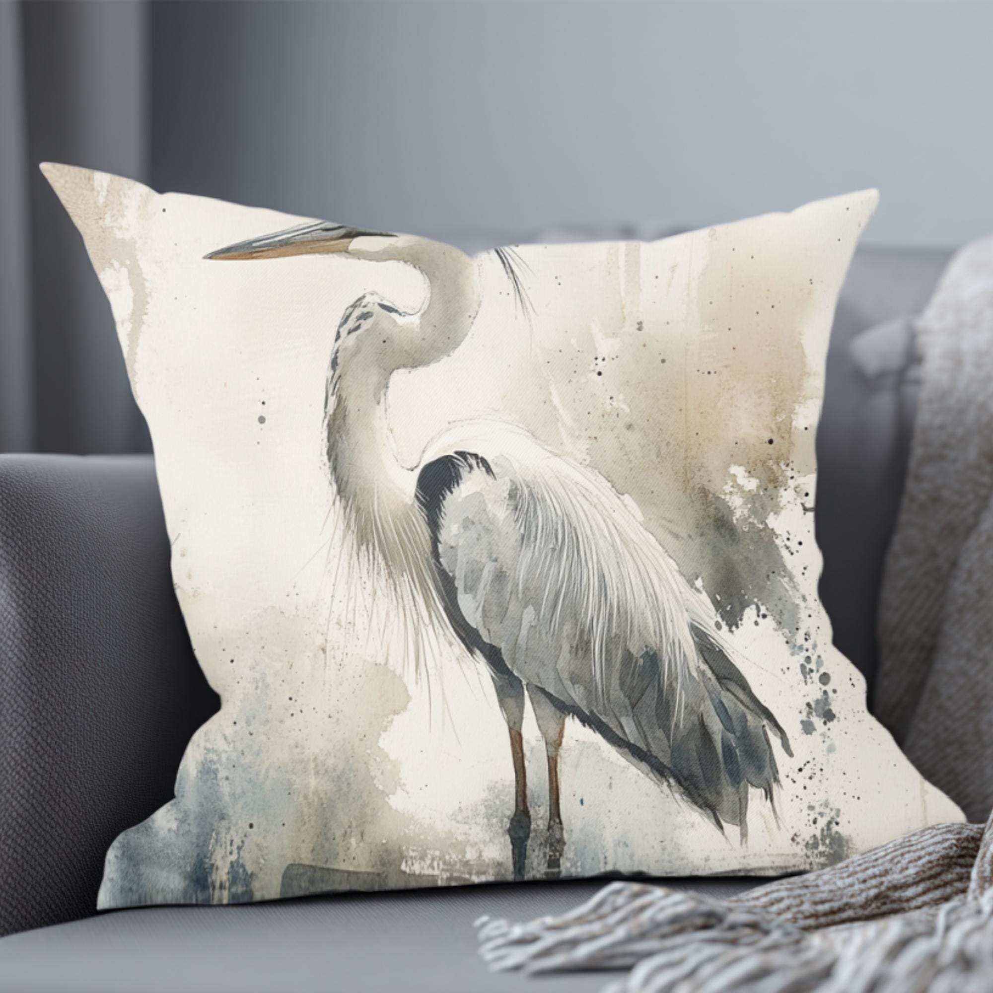 Watercolor Heron Pillow, Neutral Coastal Bird Cushion, Nature-Inspired Throw Pillow, Tranquil Lakeside Pillowcase, Minimalist Couch Accent