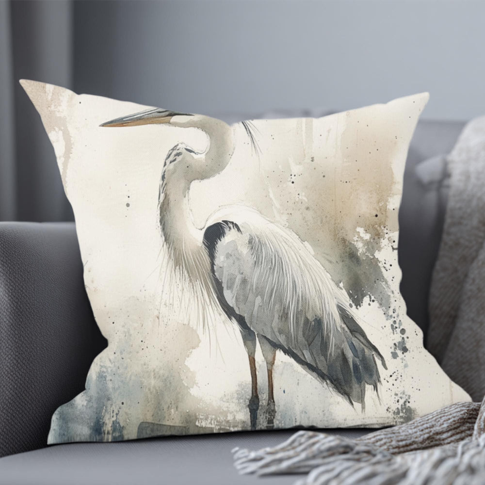 Watercolor Heron Pillow, Neutral Coastal Bird Cushion, Nature-Inspired Throw Pillow, Tranquil Lakeside Pillowcase, Minimalist Couch Accent