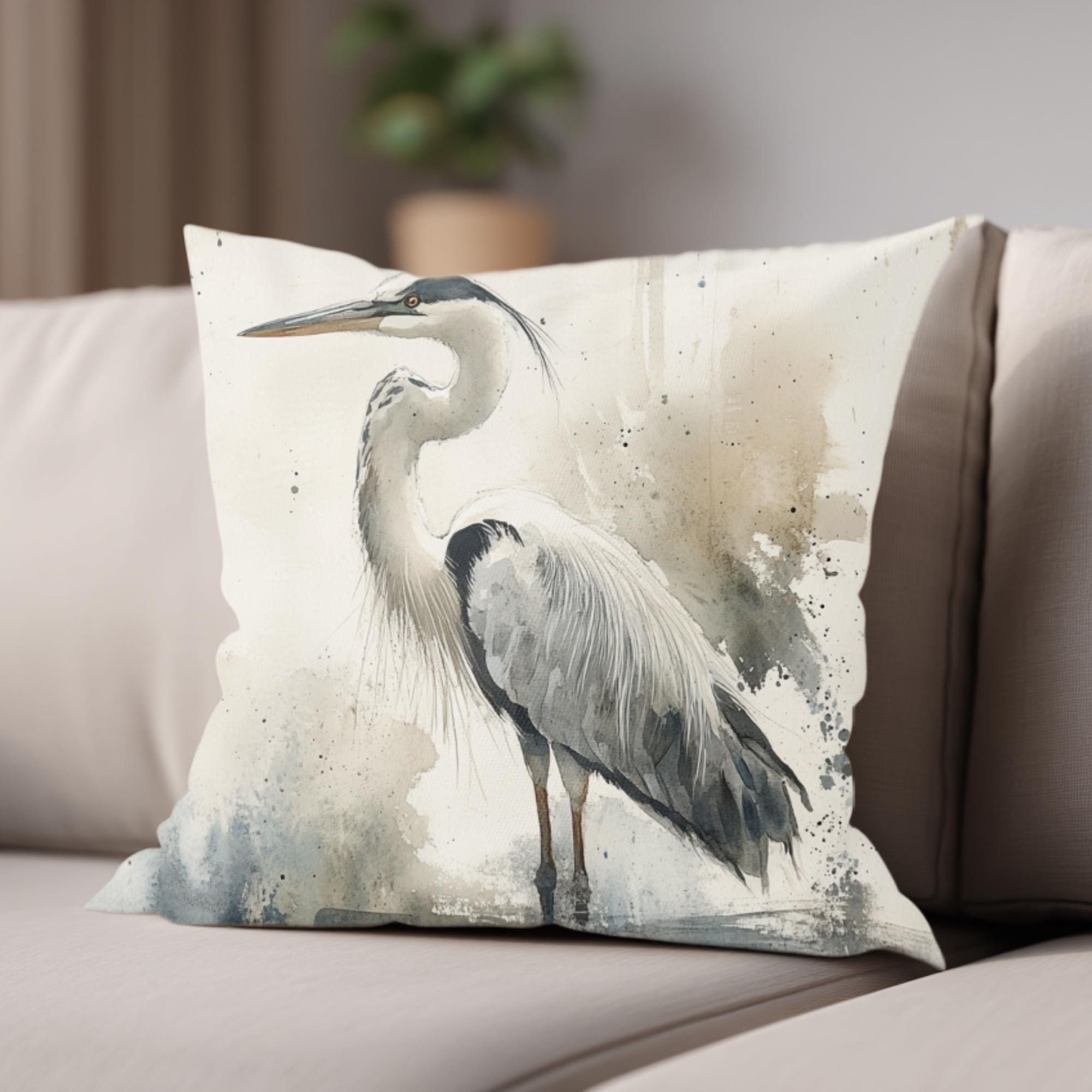 Watercolor Heron Pillow, Neutral Coastal Bird Cushion, Nature-Inspired Throw Pillow, Tranquil Lakeside Pillowcase, Minimalist Couch Accent