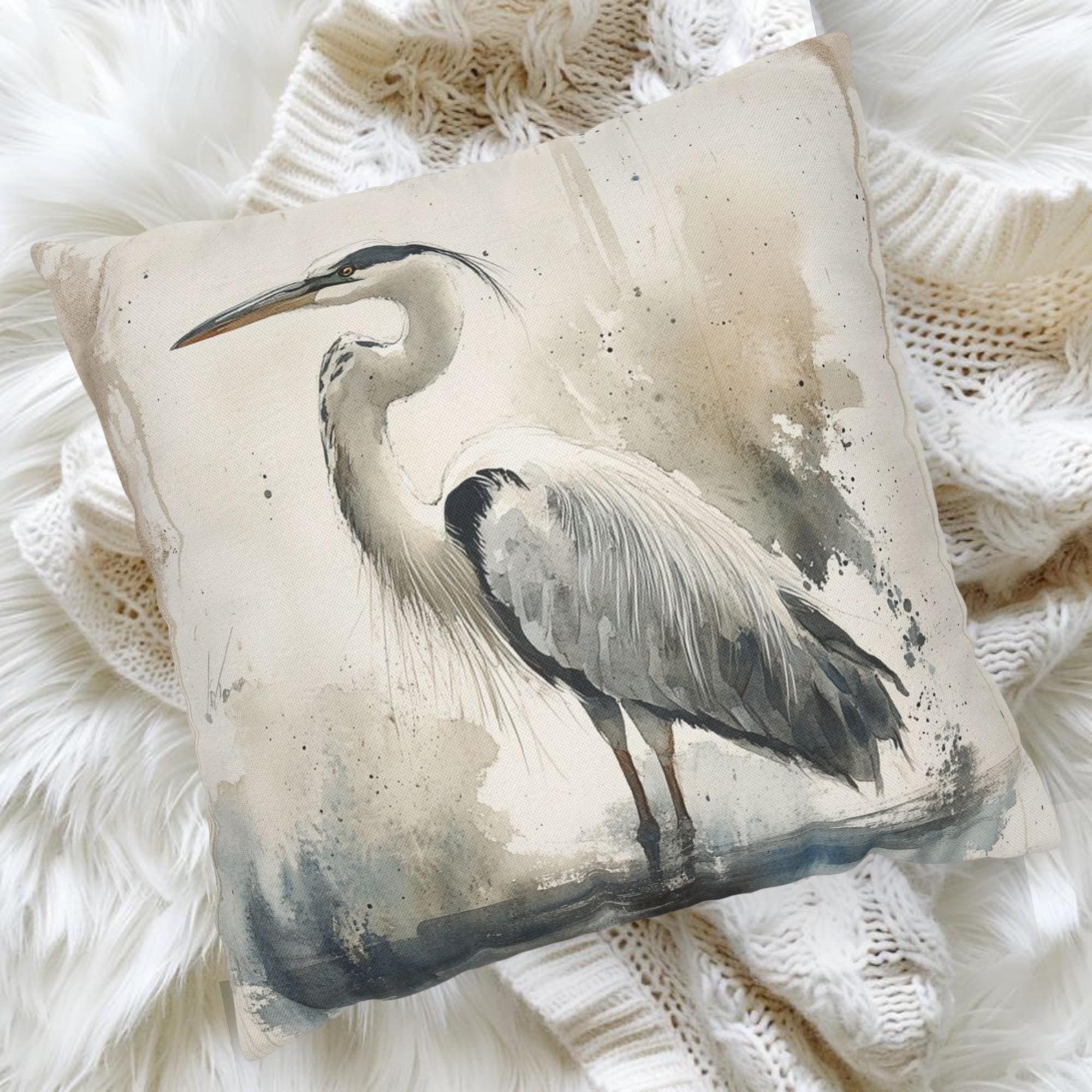 Watercolor Heron Pillow, Neutral Coastal Bird Cushion, Nature-Inspired Throw Pillow, Tranquil Lakeside Pillowcase, Minimalist Couch Accent
