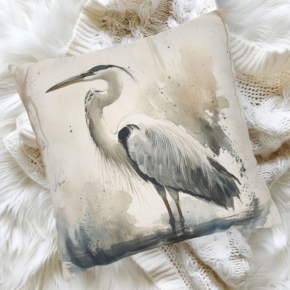 Watercolor Heron Pillow, Neutral Coastal Bird Cushion, Nature-Inspired Throw Pillow, Tranquil Lakeside Pillowcase, Minimalist Couch Accent