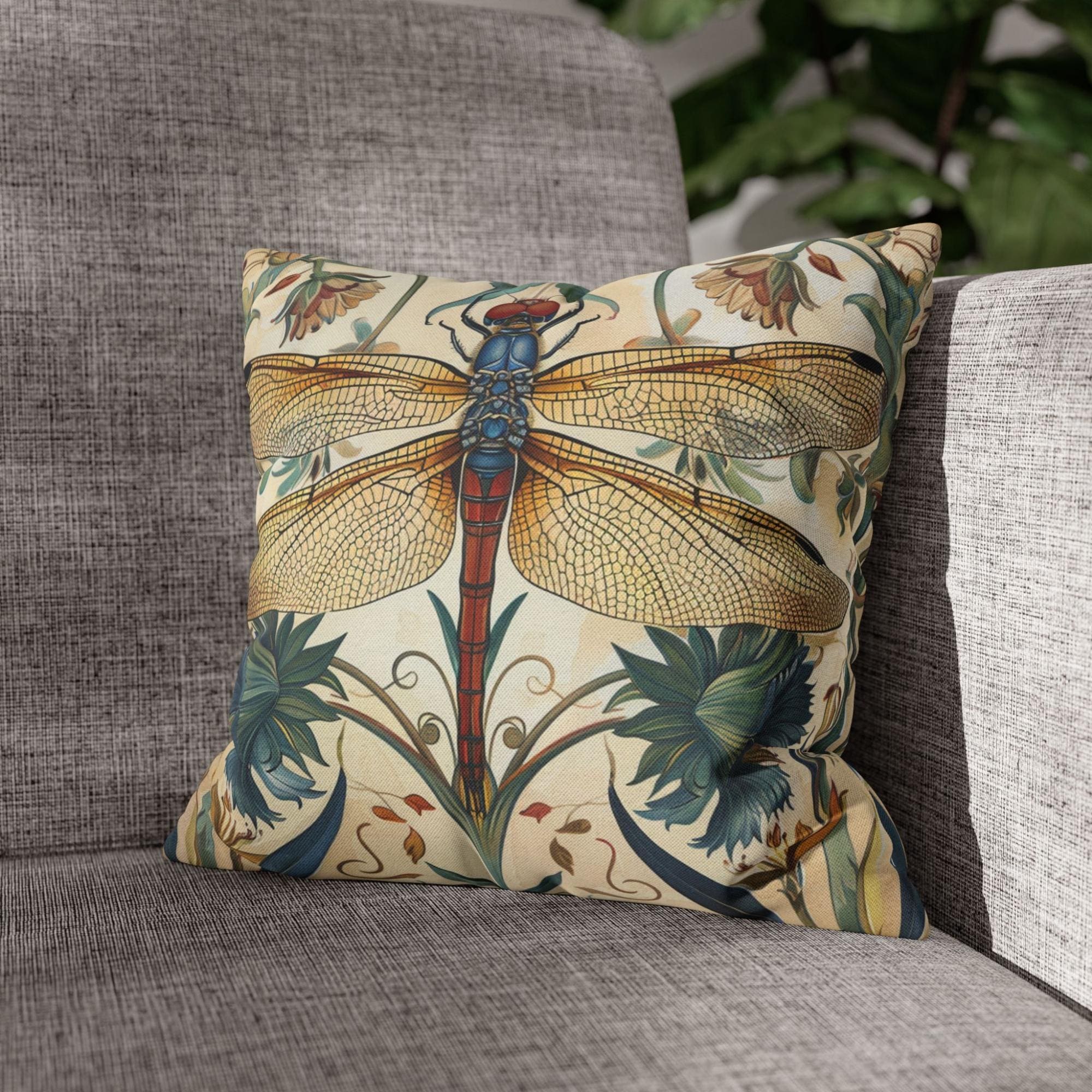 Dragonfly Pillow, Art Nouveau Botanical Cushion, William Morris Inspired Throw Pillow, Elegant Garden Couch Accent, Golden Insect Pillowcase