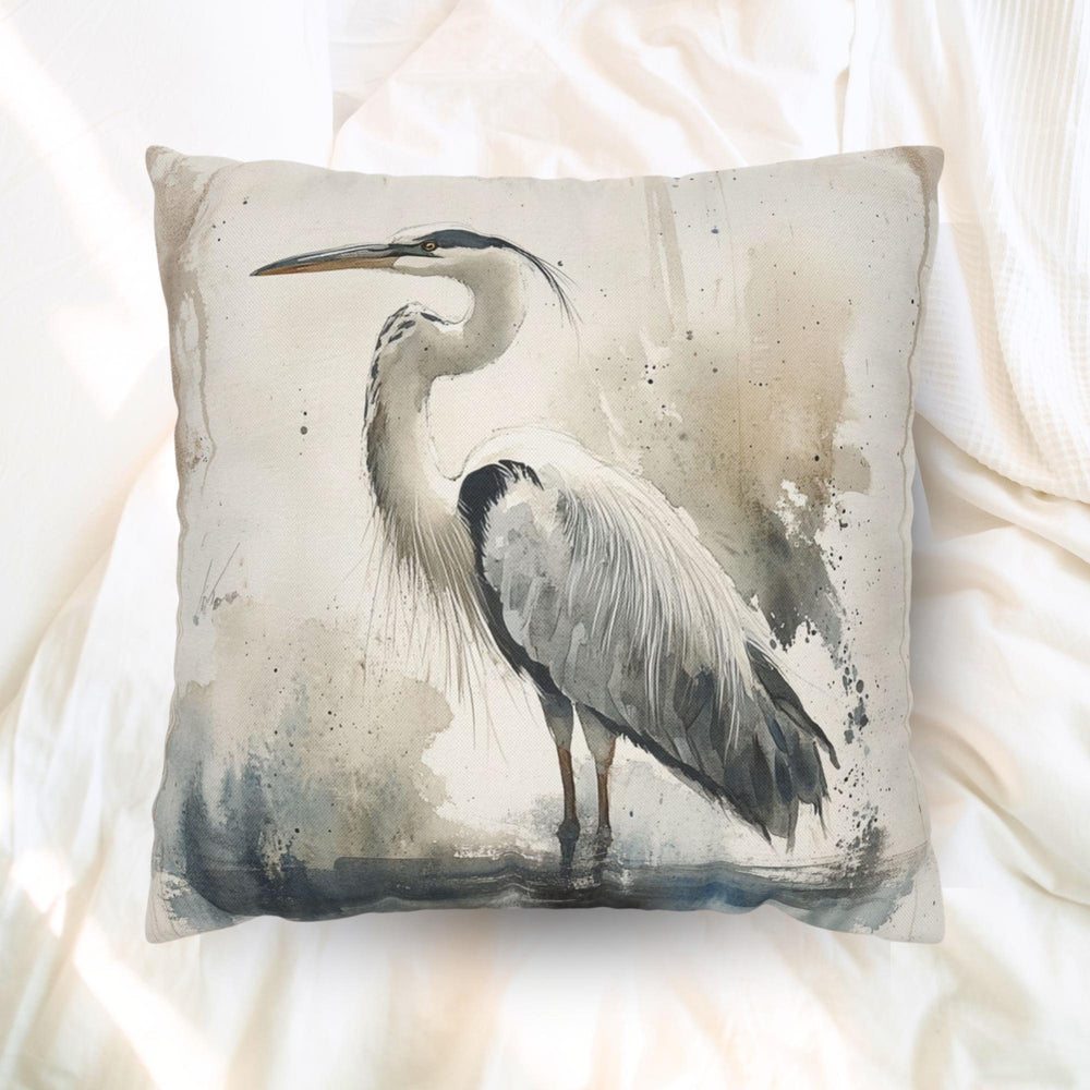 Watercolor Heron Pillow, Neutral Coastal Bird Cushion, Nature-Inspired Throw Pillow, Tranquil Lakeside Pillowcase, Minimalist Couch Accent