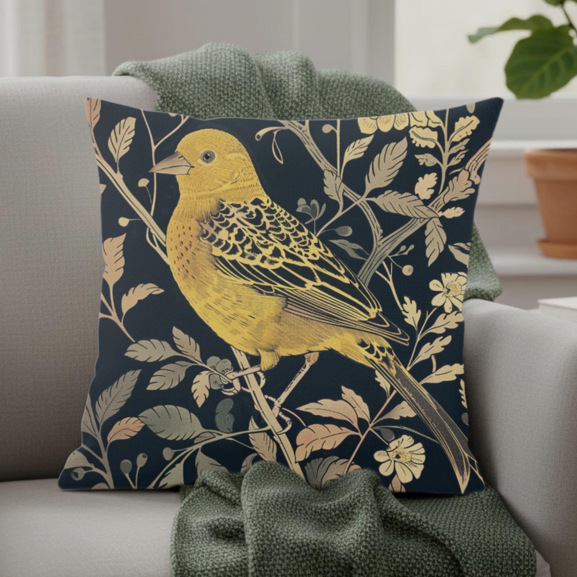 Golden Finch Pillow, William Morris Inspired Floral Cushion, Vintage Bird Throw Pillow, Elegant Nature Couch Accent, Botanical Pillowcase