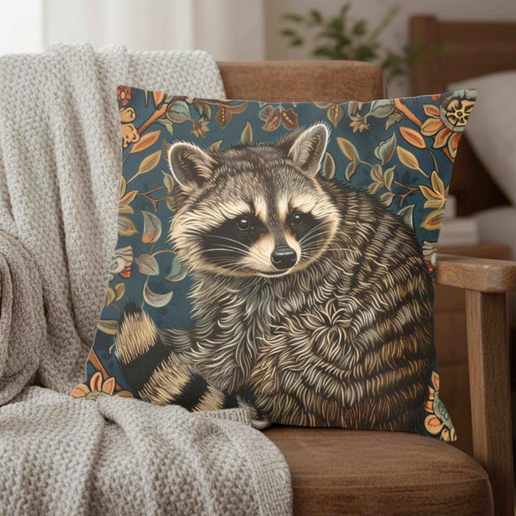 Raccoon Pillow, Woodland Botanical Cushion, William Morris Inspired Throw Pillow, Forest Nature Couch Accent, Vintage Raccoon Pillowcase