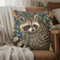 Raccoon Pillow, Woodland Botanical Cushion, William Morris Inspired Throw Pillow, Forest Nature Couch Accent, Vintage Raccoon Pillowcase