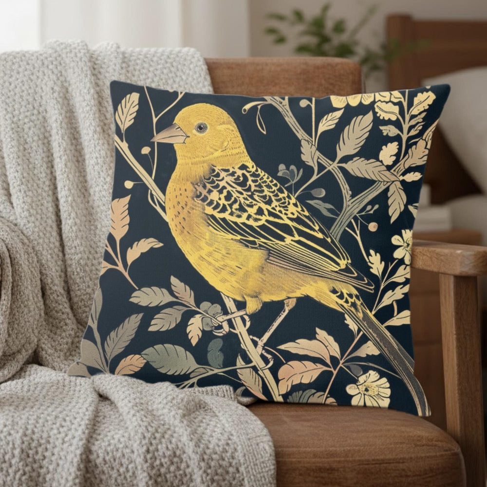 Golden Finch Pillow, William Morris Inspired Floral Cushion, Vintage Bird Throw Pillow, Elegant Nature Couch Accent, Botanical Pillowcase