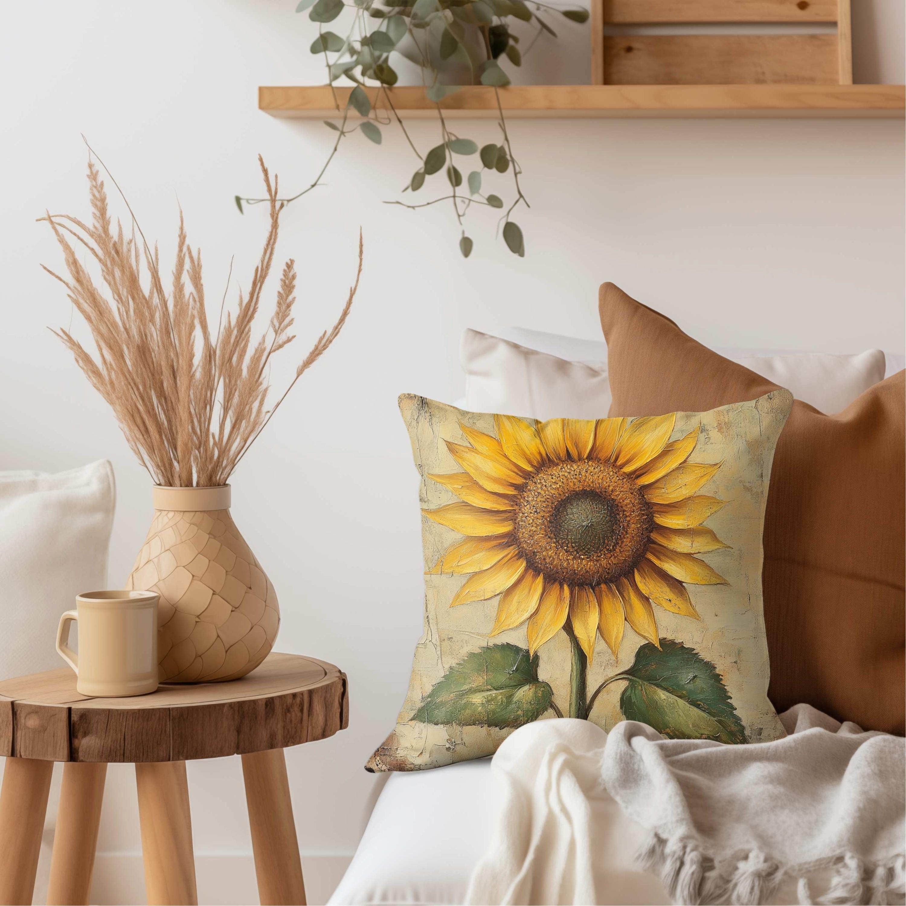 Sunflower Throw Pillow, Vintage Floral Cushion, Rustic Yellow Flower Accent Decor, Double Sided Print Polyester Pillowcase