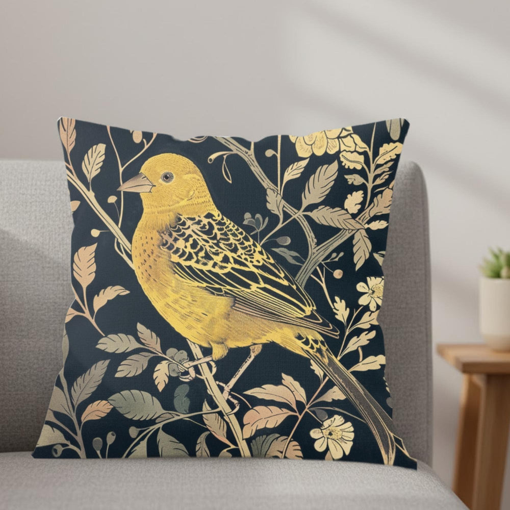 Golden Finch Pillow, William Morris Inspired Floral Cushion, Vintage Bird Throw Pillow, Elegant Nature Couch Accent, Botanical Pillowcase