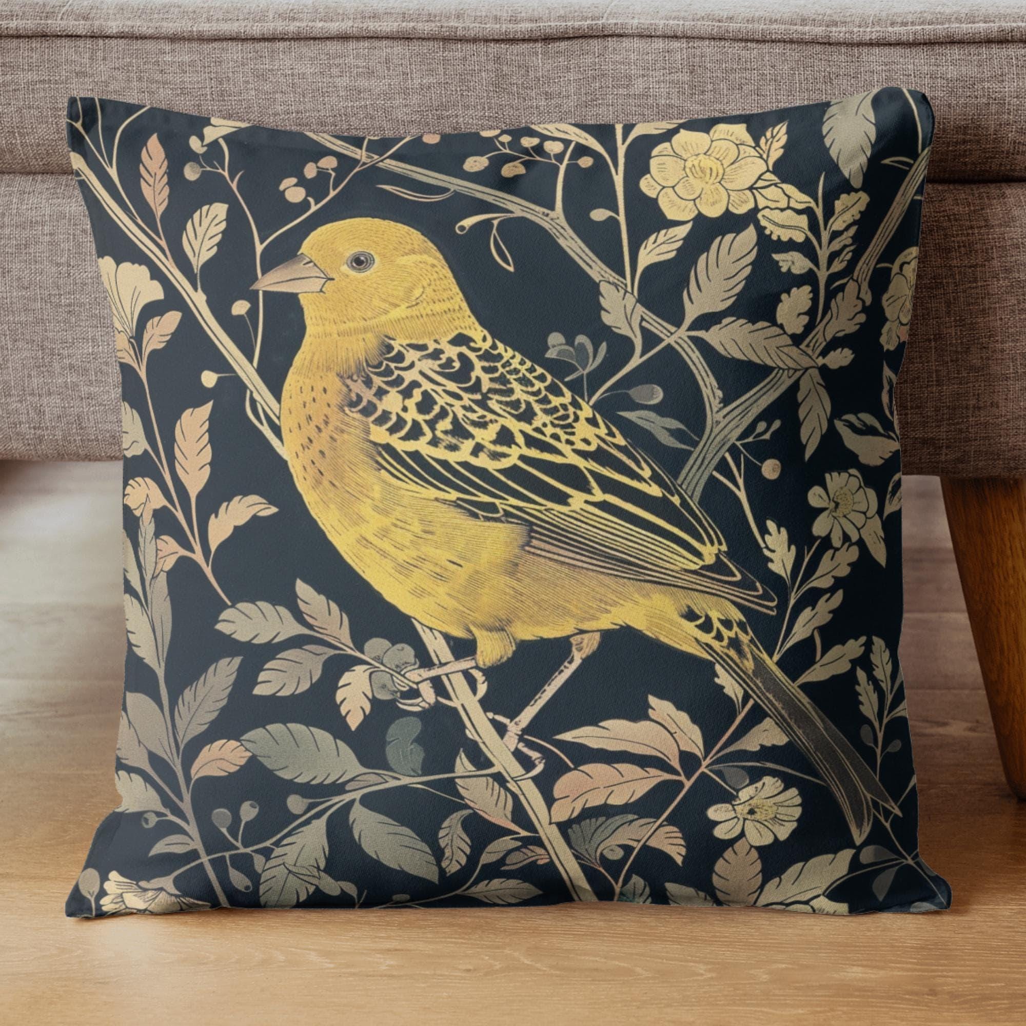 Golden Finch Pillow, William Morris Inspired Floral Cushion, Vintage Bird Throw Pillow, Elegant Nature Couch Accent, Botanical Pillowcase