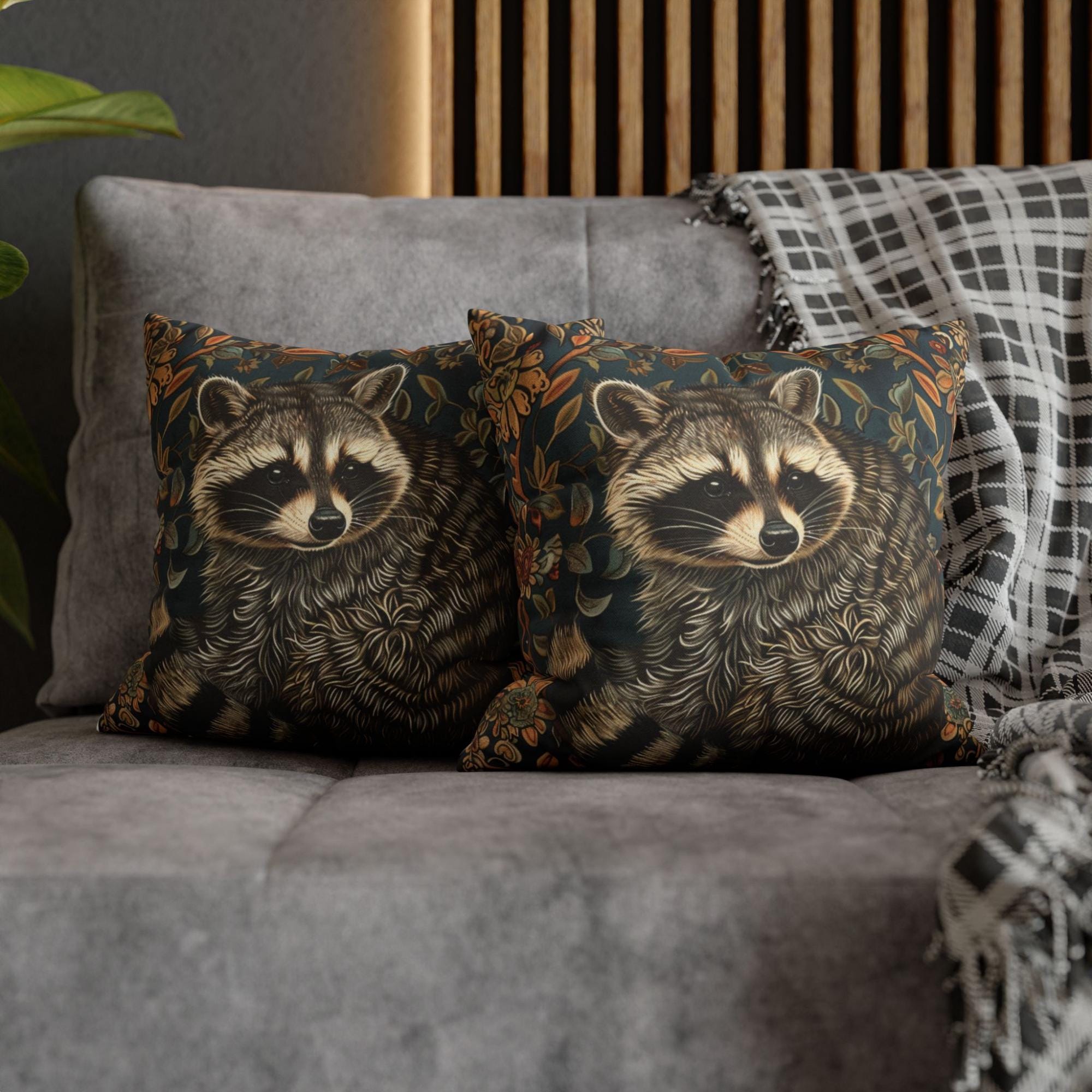 Raccoon Pillow, Woodland Botanical Cushion, William Morris Inspired Throw Pillow, Forest Nature Couch Accent, Vintage Raccoon Pillowcase