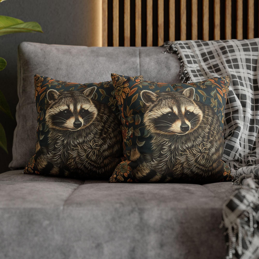 Raccoon Pillow, Woodland Botanical Cushion, William Morris Inspired Throw Pillow, Forest Nature Couch Accent, Vintage Raccoon Pillowcase
