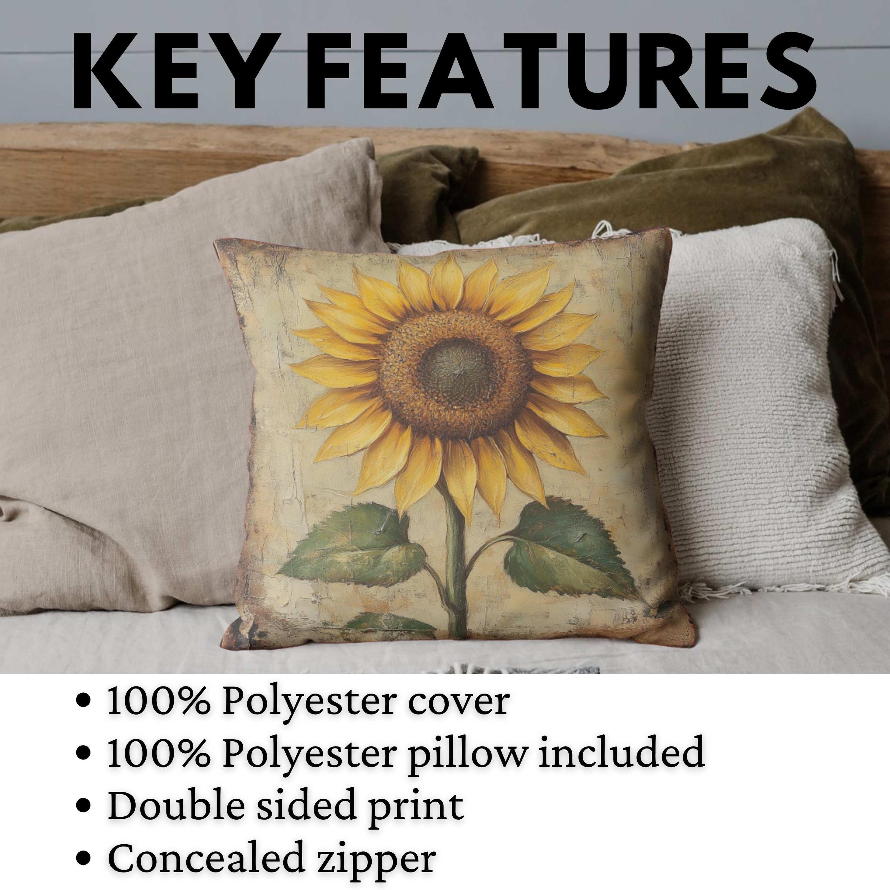 Sunflower Throw Pillow, Vintage Floral Cushion, Rustic Yellow Flower Accent Decor, Double Sided Print Polyester Pillowcase