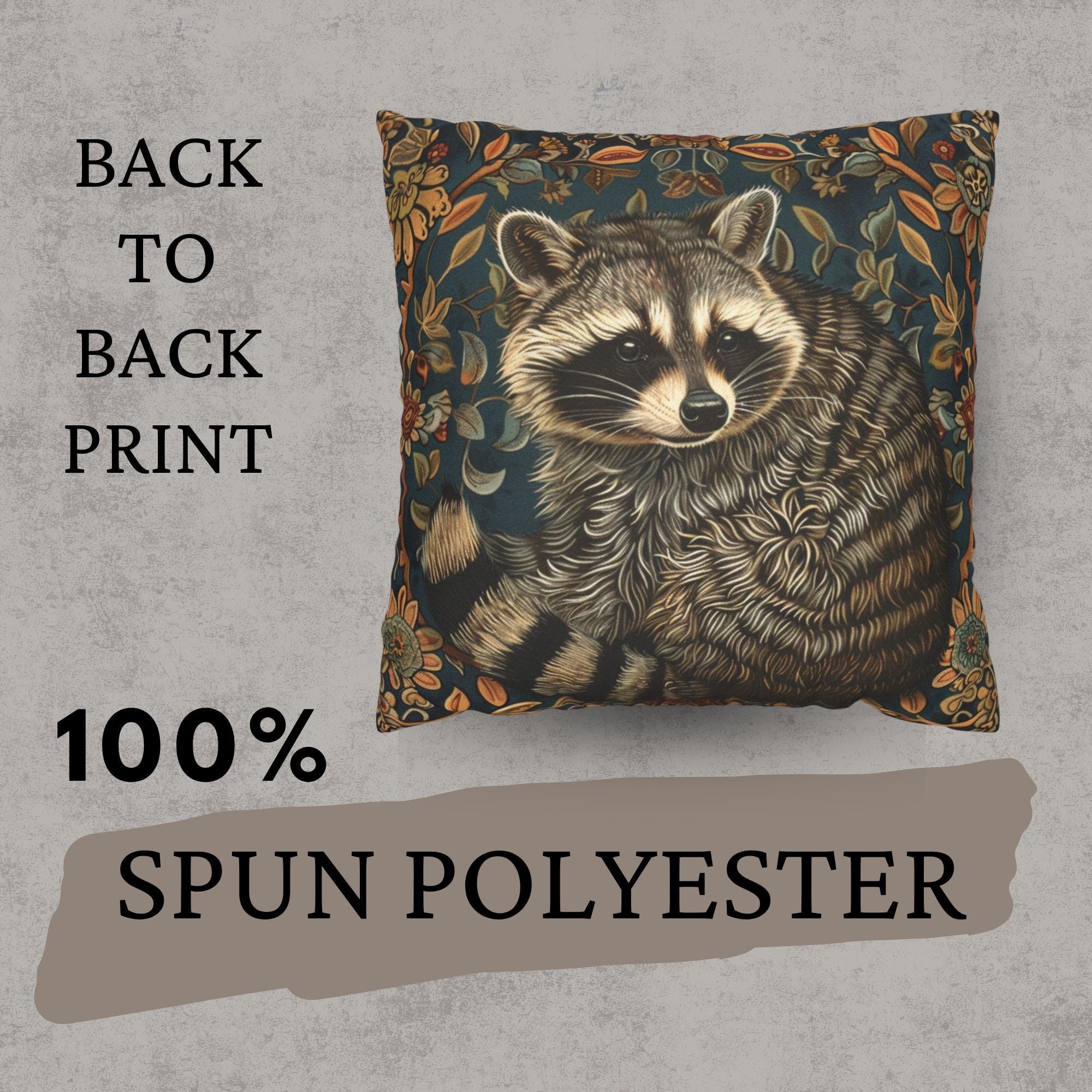 Raccoon Pillow, Woodland Botanical Cushion, William Morris Inspired Throw Pillow, Forest Nature Couch Accent, Vintage Raccoon Pillowcase